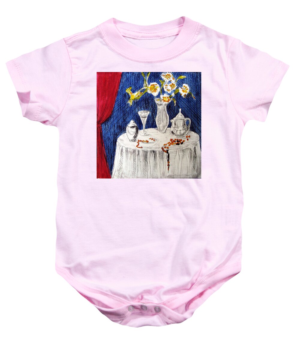 White Baby Onesie featuring the painting White Table by Karen Coggeshall