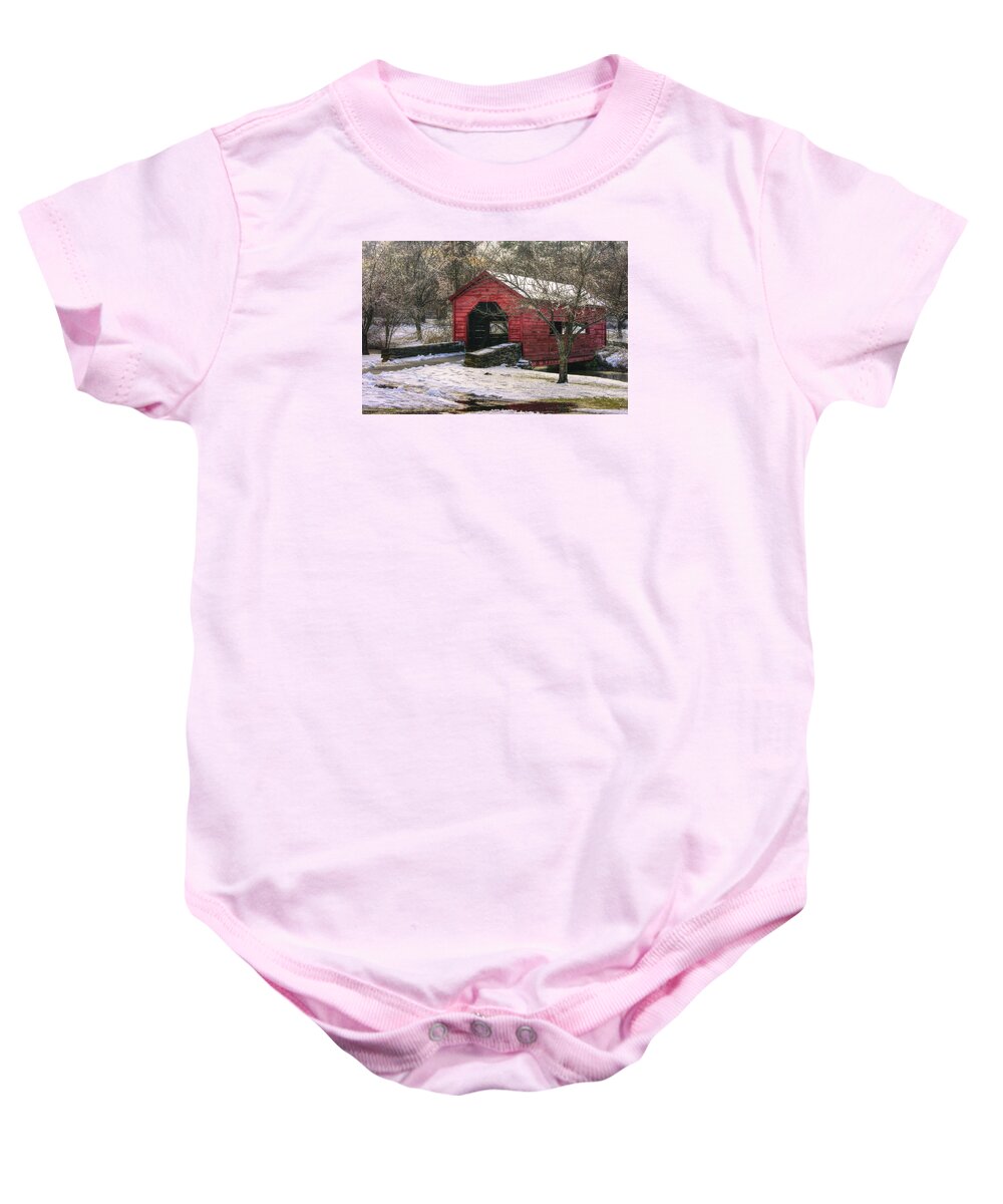 Carroll Creek Covered Bridge Baby Onesie featuring the photograph Winter Crossing in Elegance - Carroll Creek Covered Bridge - Baker Park Frederick Maryland by Michael Mazaika