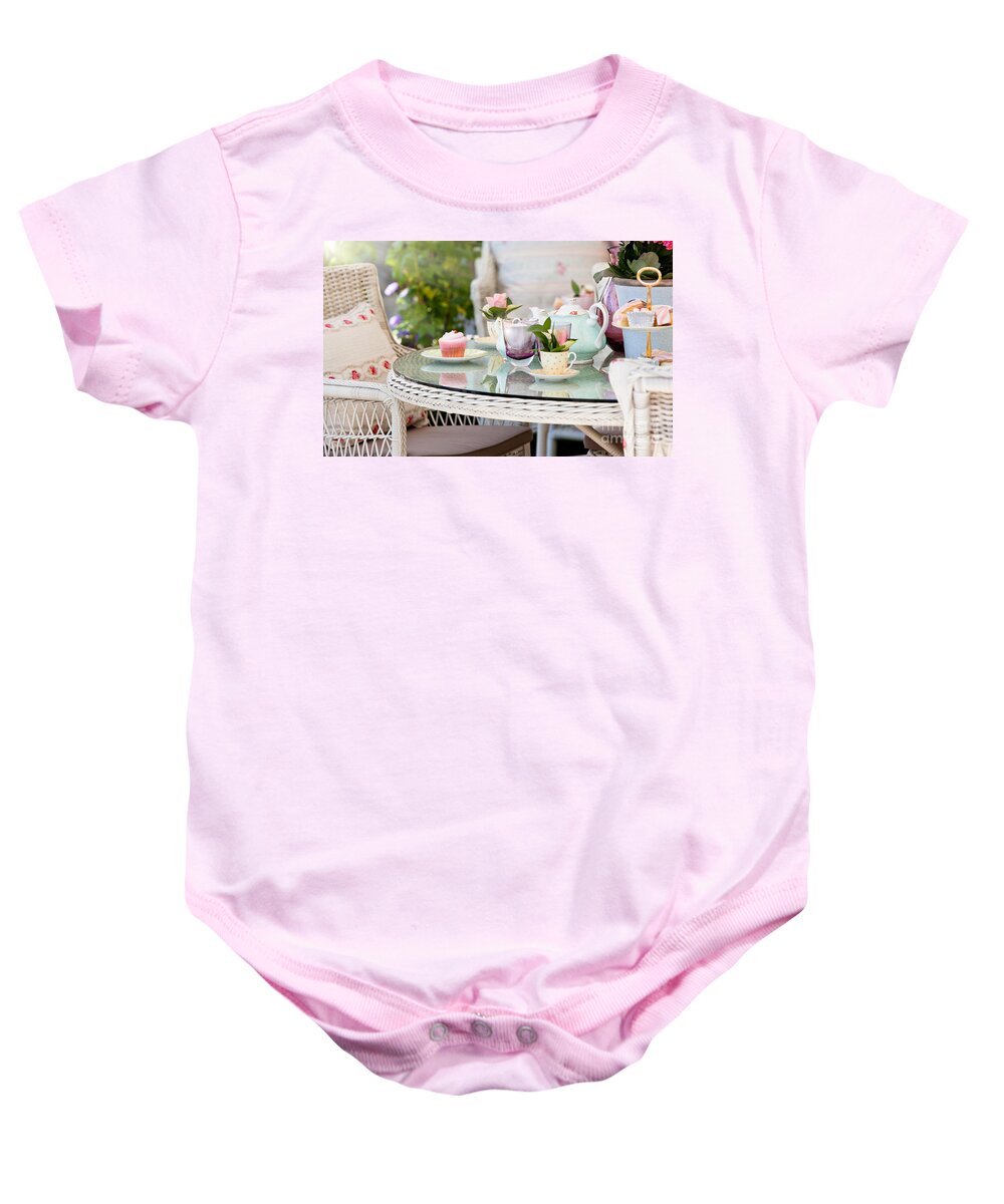 Dining Baby Onesie featuring the photograph Afternoon tea and cakes by Simon Bratt