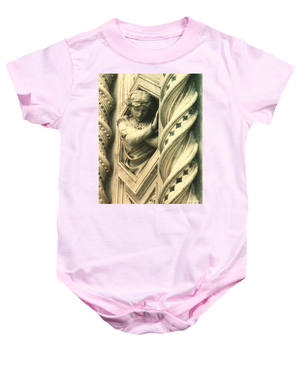 This Angel Graces The Outer Wall Of Basilica Di Santa Maria Del Fiore In Florence Italy. Baby Onesie featuring the photograph Angel of the Basilica by Diana Haronis