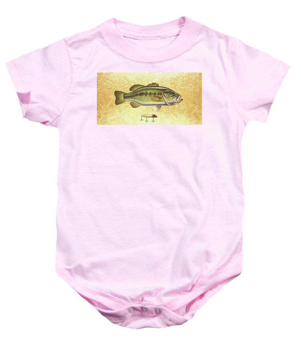 Bass Baby Onesie featuring the painting Antique Lure and Bass by JQ Licensing