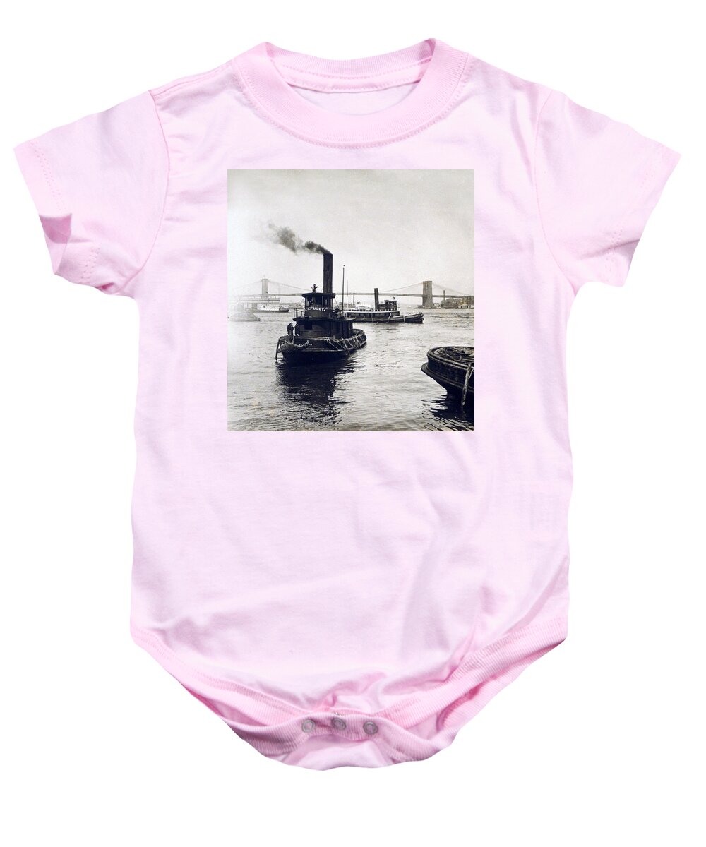 new York Harbor Baby Onesie featuring the photograph Busy New York Harbor - Brooklyn Bridge and Williamsburg Brige - c 1905 by International Images