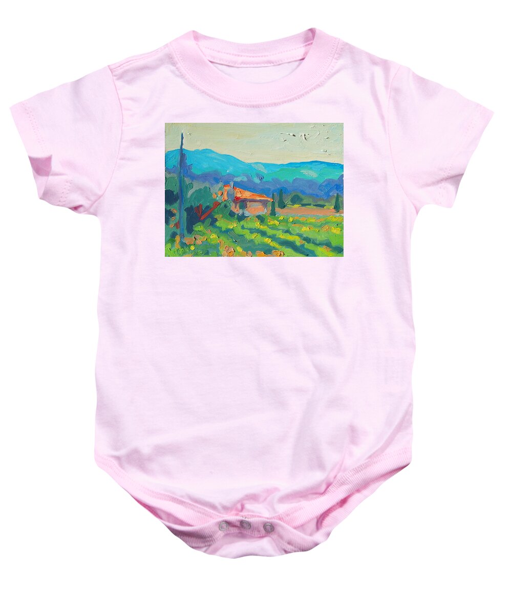 Napa Vineyards With House And Hills Blue Hills And Terracotta Tile Roof Green Yellow Orange Blue Cypress Trees Baby Onesie featuring the painting Napa Valley Vineyards with House and Hills by Thomas Bertram POOLE