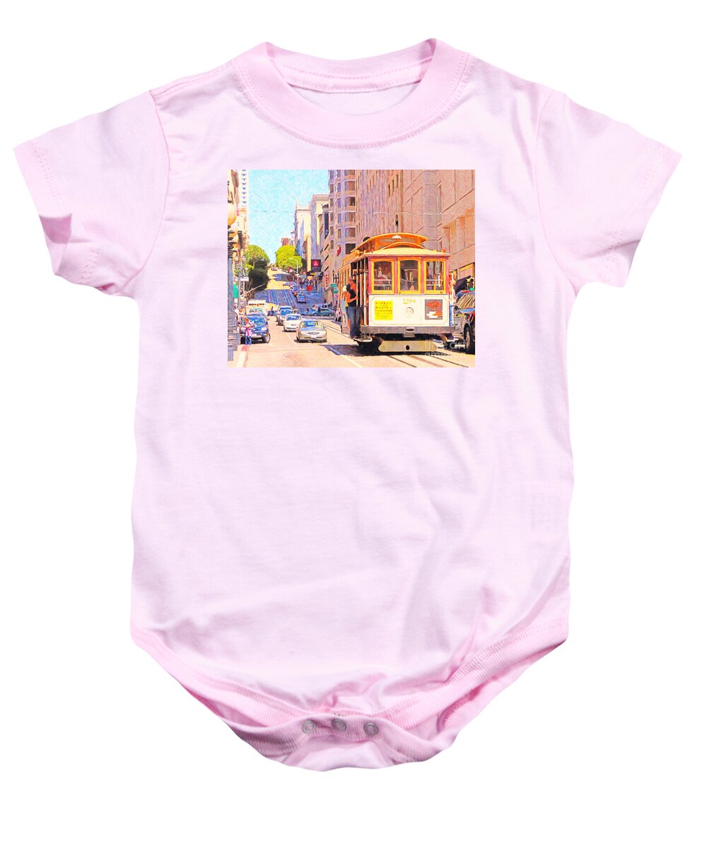 Wingsdomain Baby Onesie featuring the photograph San Francisco Cablecar Coming Down Powell Street by Wingsdomain Art and Photography