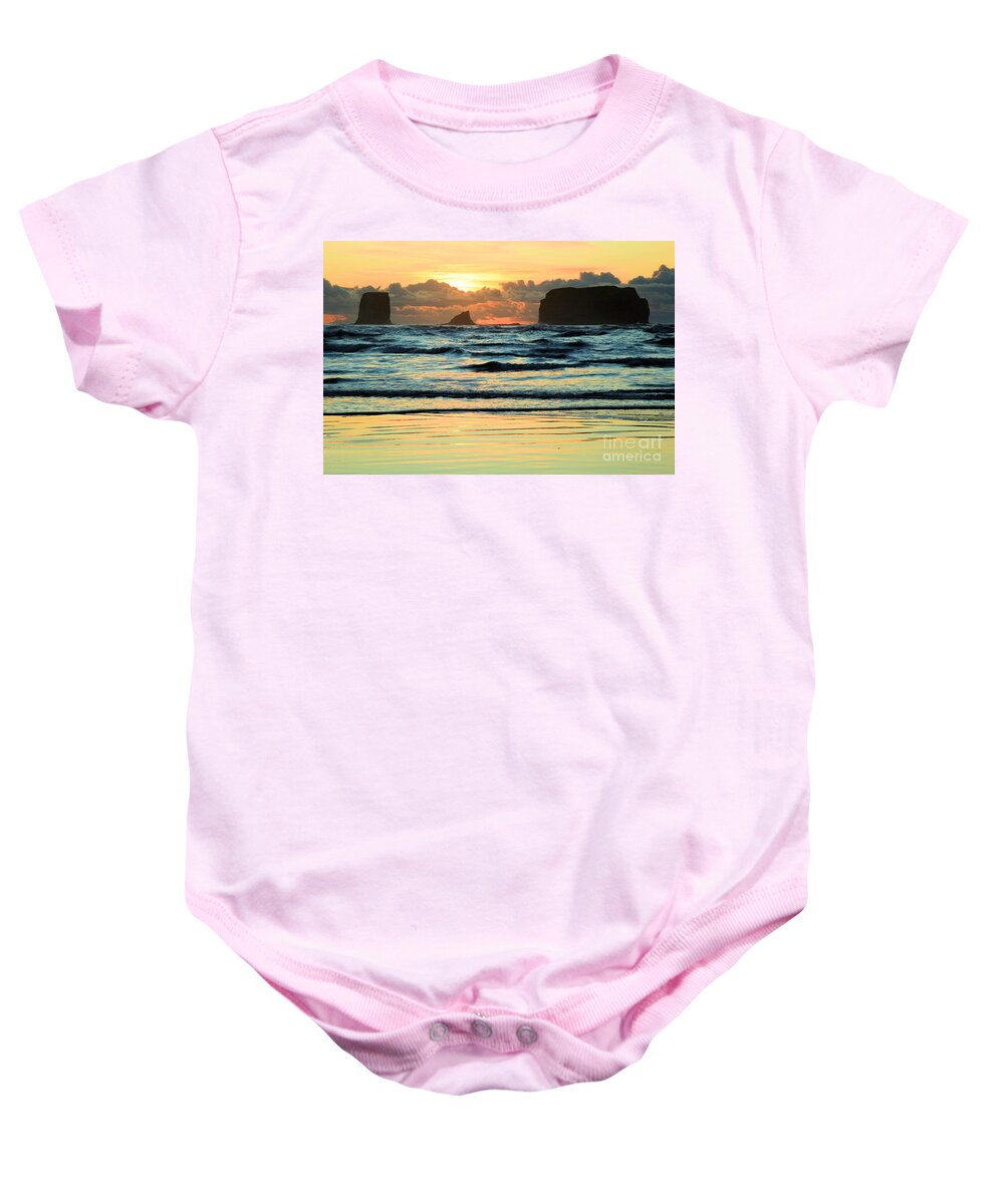 Olympic National Park Second Beach Baby Onesie featuring the photograph Sea Stack Sunset by Adam Jewell