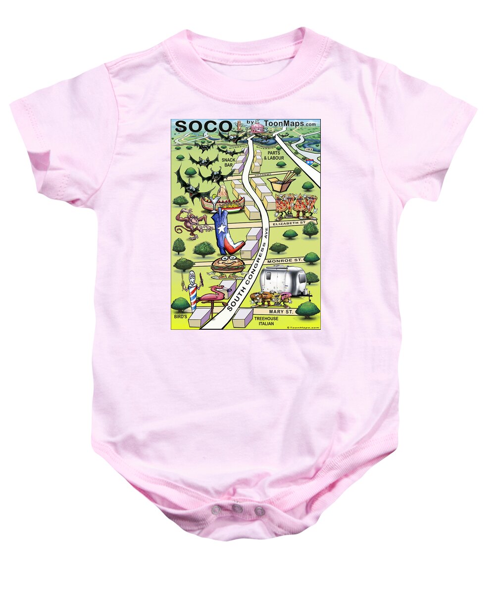 Soco Baby Onesie featuring the painting SOCO South Congress Ave ATX Cartoon Map by Kevin Middleton