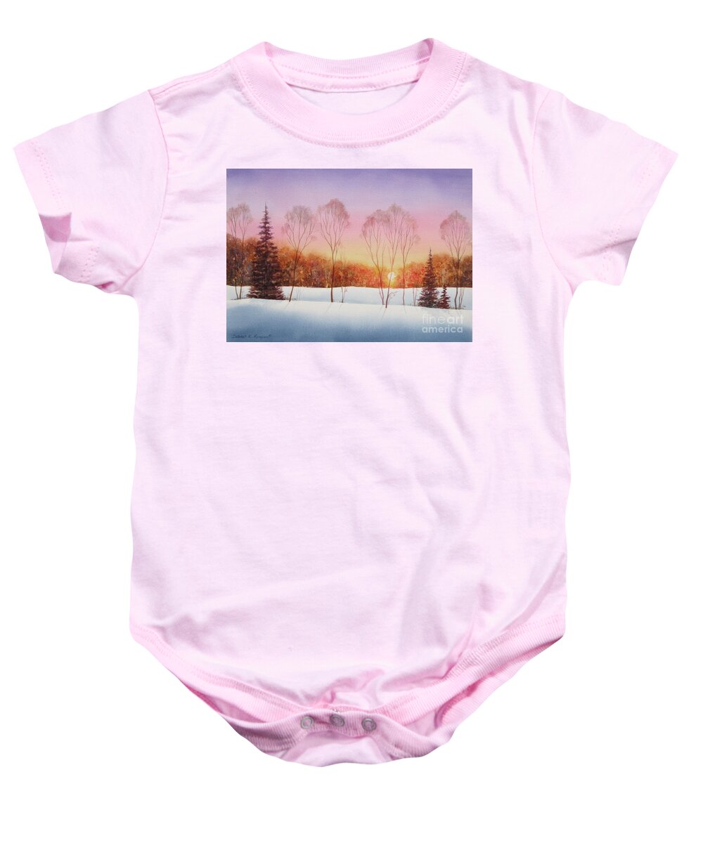 Winter Sunset Baby Onesie featuring the painting Winter Sunset by Deborah Ronglien