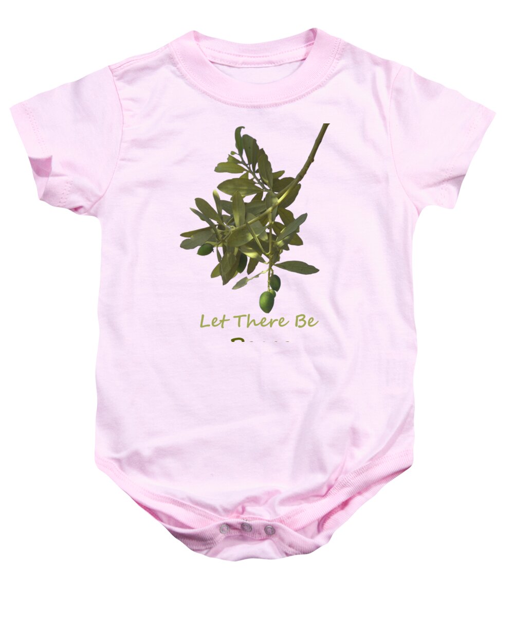 Let There Be Peace Olive Branch And Text Light Green Background Baby Onesie featuring the photograph Let there be peace olive branch and text #1 by Ilan Rosen