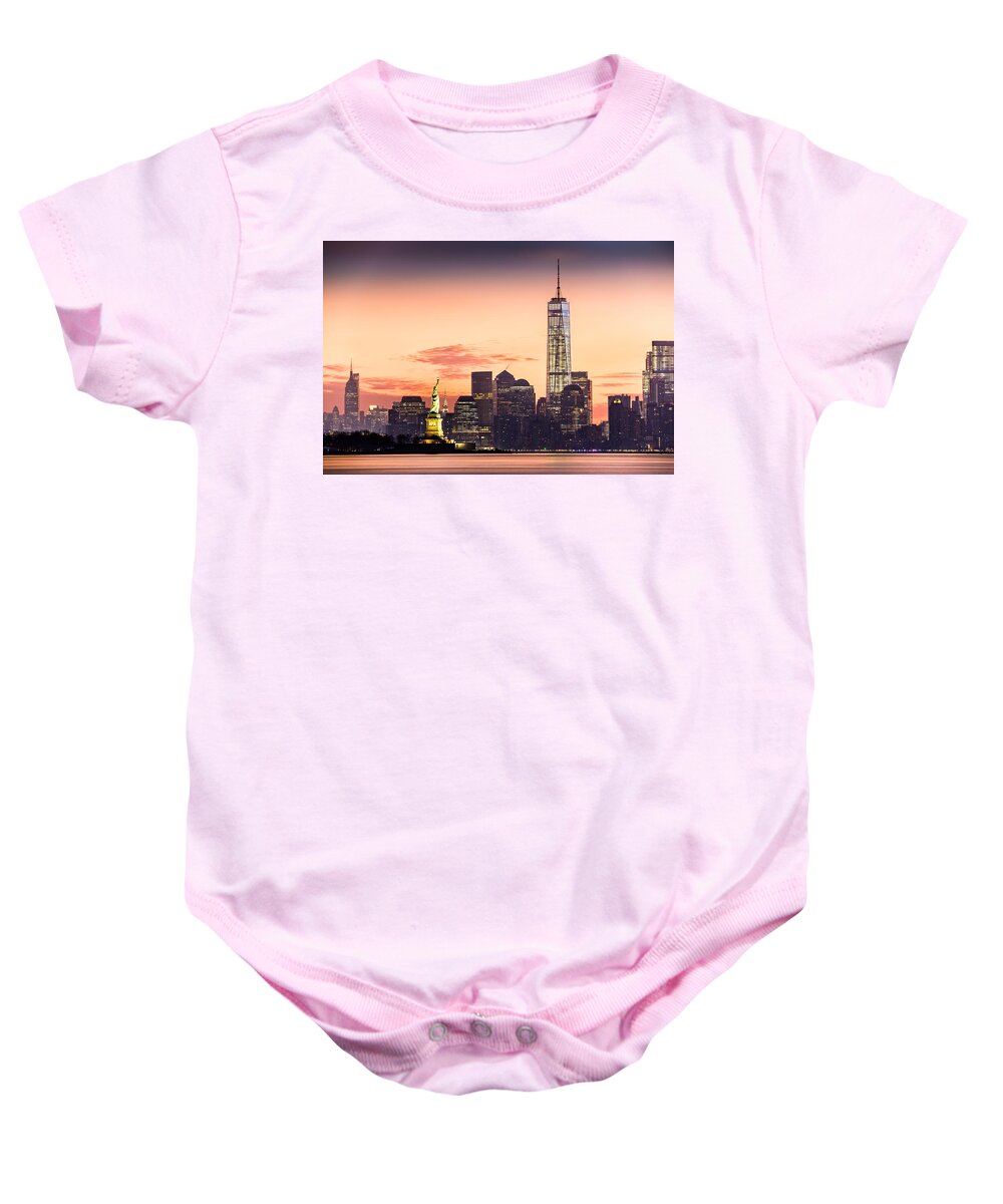 Hudson River Baby Onesie featuring the photograph Lower Manhattan and the Statue of Liberty at sunrise #1 by Mihai Andritoiu