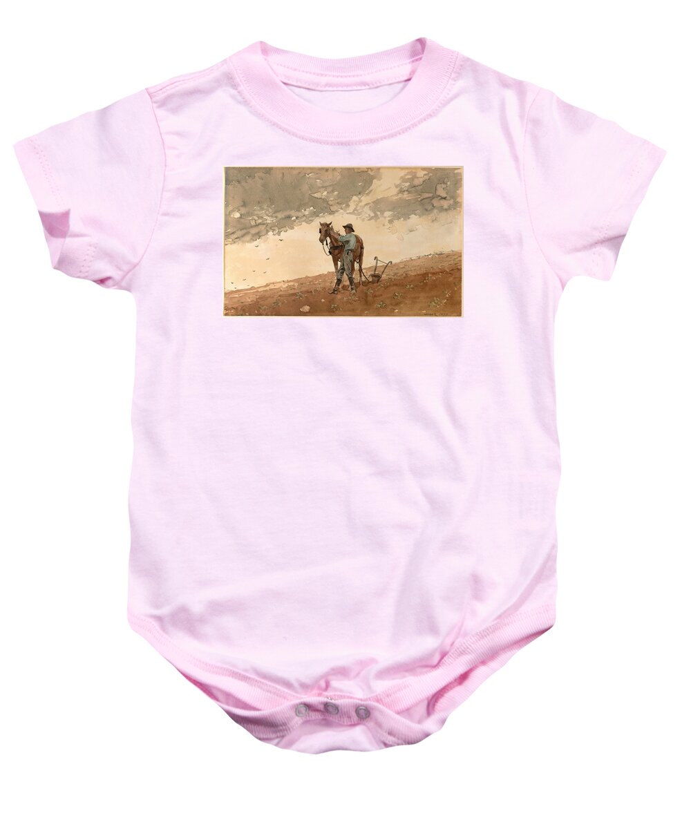 Winslow Homer Baby Onesie featuring the drawing Man with Plow Horse by Winslow Homer