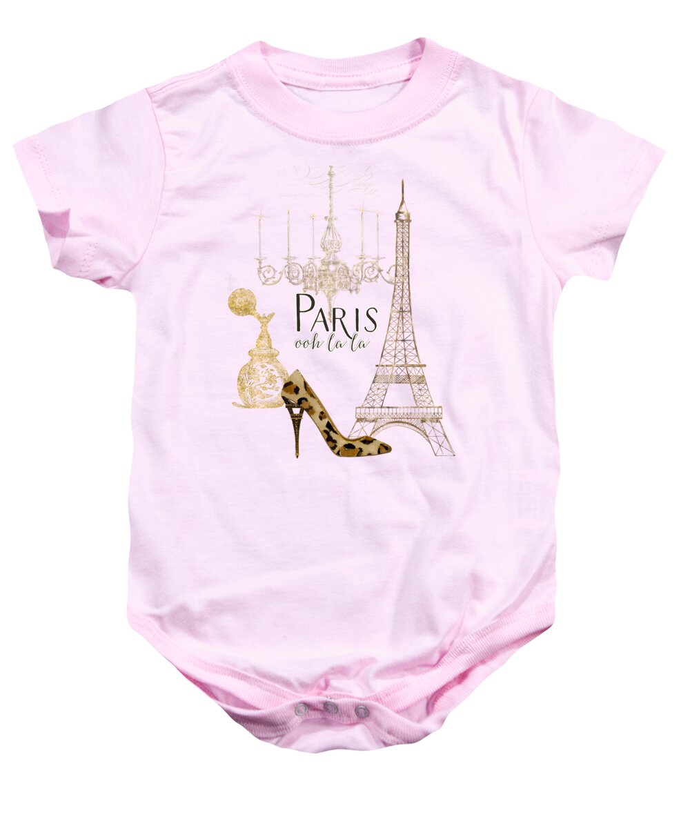 Fashion Baby Onesie featuring the painting Paris - Ooh la la Fashion Eiffel Tower Chandelier Perfume Bottle by Audrey Jeanne Roberts