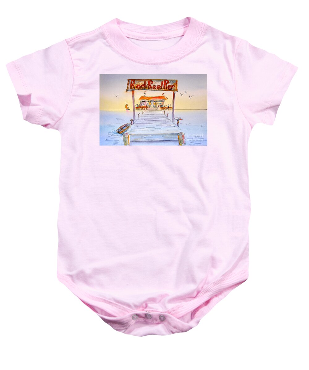 Florida Baby Onesie featuring the painting Rod and Reel Pier by Midge Pippel