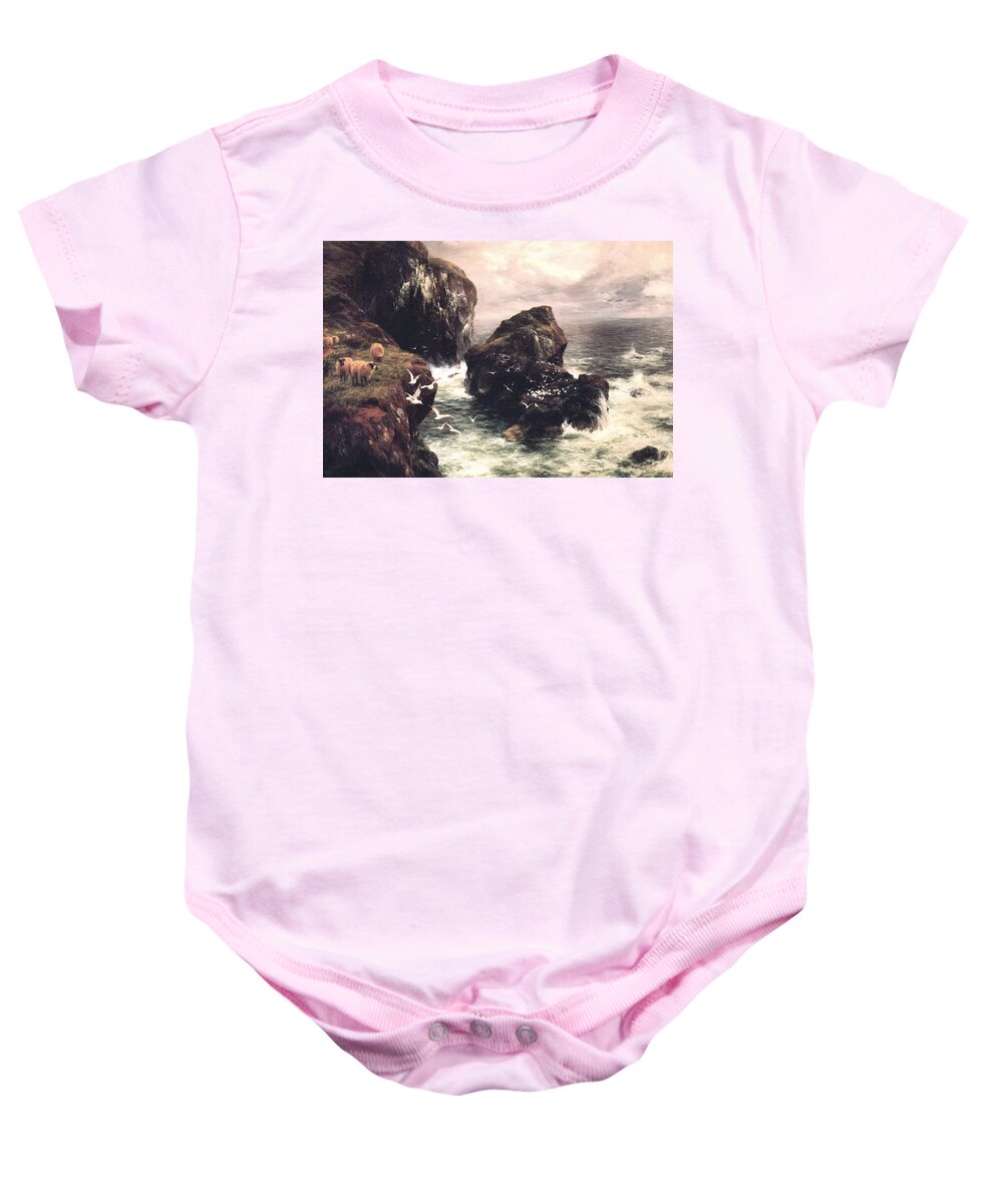 Peter Graham - The Grass Crown Headland Of A Rocky Shore Baby Onesie featuring the painting The Grass Crown Headland of a Rocky Shore by MotionAge Designs