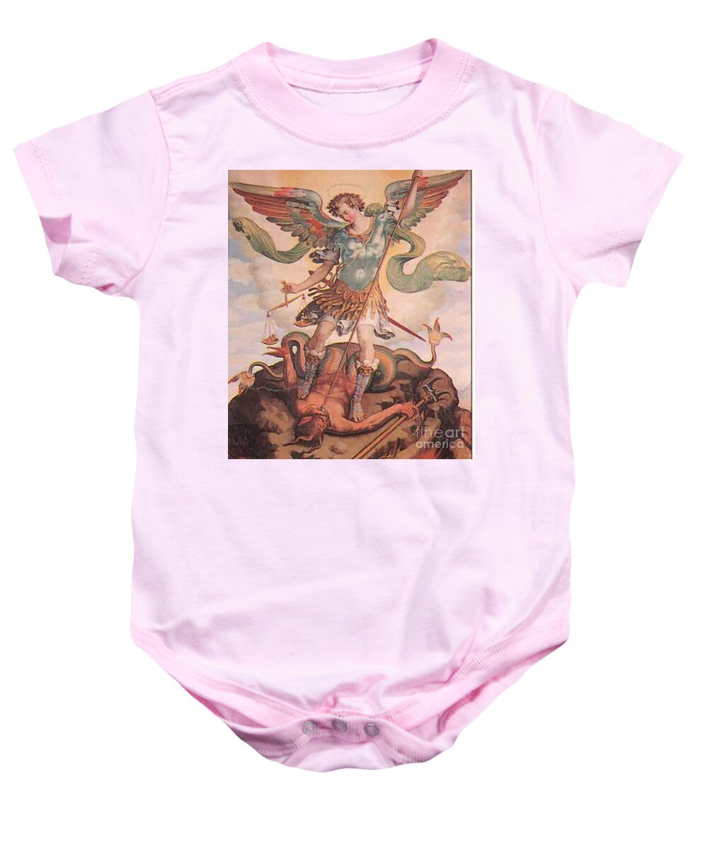 Spear Baby Onesie featuring the painting Saint Michael #14 by Archangelus Gallery