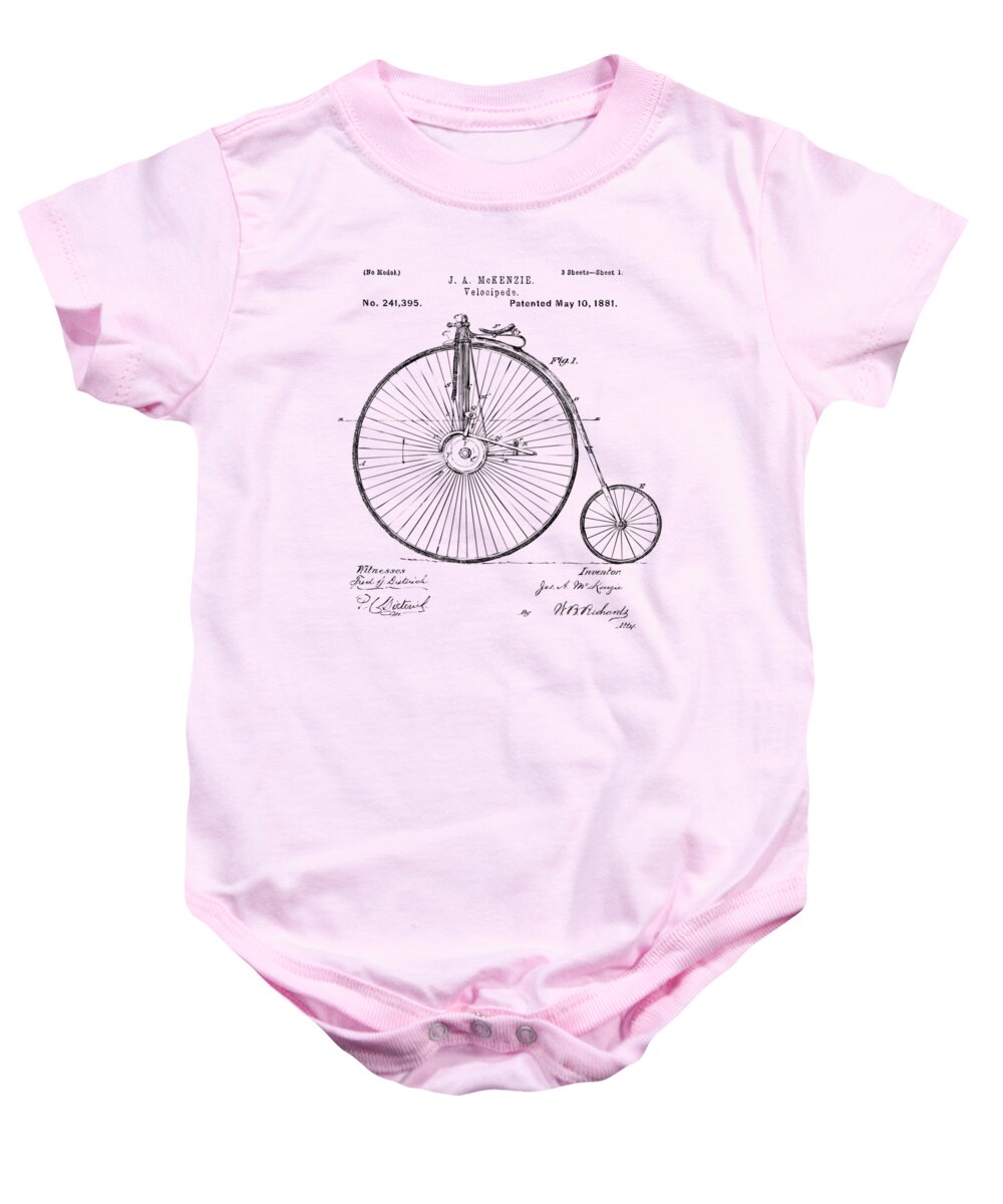 Velocipede Baby Onesie featuring the digital art 1881 Velocipede Bicycle Patent Artwork - Vintage by Nikki Marie Smith