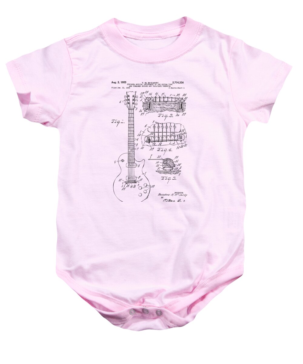Guitar Baby Onesie featuring the drawing 1955 McCarty Gibson Les Paul Guitar Patent Artwork Vintage by Nikki Marie Smith