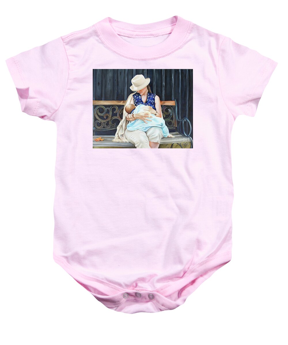 The Bench Baby Onesie featuring the painting The Bench #3 by Daniela Easter