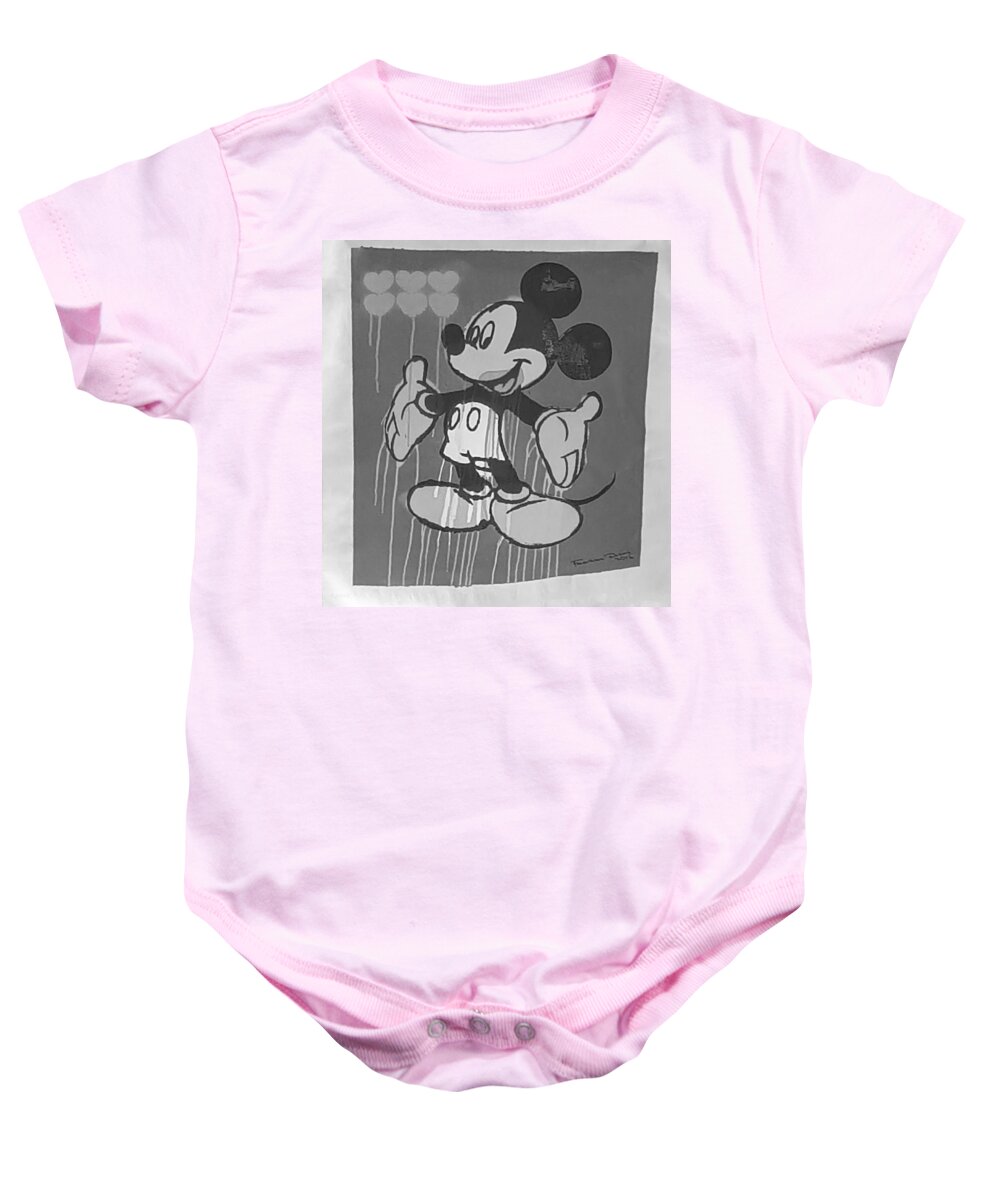 Mickey Mouse Baby Onesie featuring the photograph 6 Hearts Mickey Mouse B W by Rob Hans