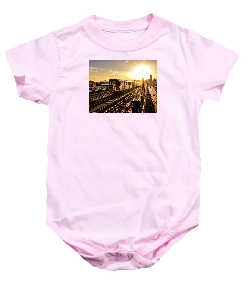 I Baby Onesie featuring the photograph 7 Train Sunset by Micha Dziekonski