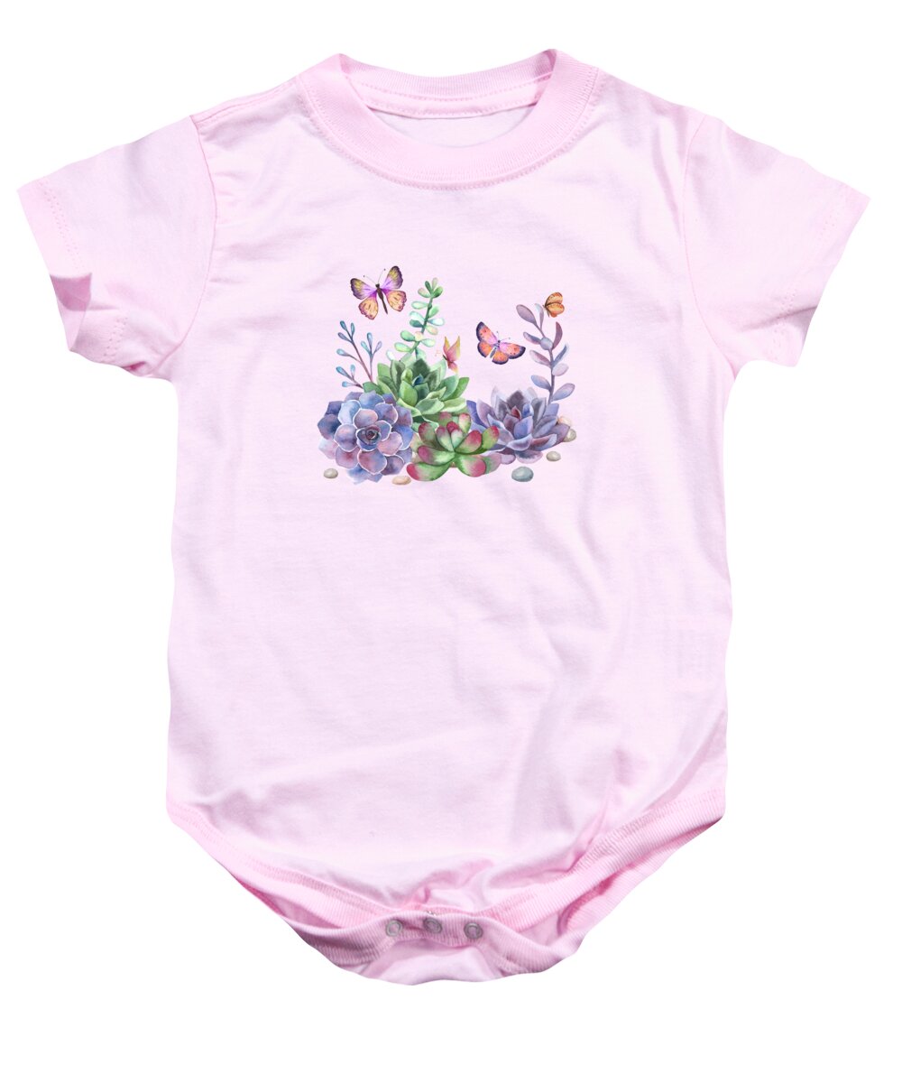 Watercolor Baby Onesie featuring the painting A Splendid Secret Succulent Garden With Butterfly Visitors by Little Bunny Sunshine