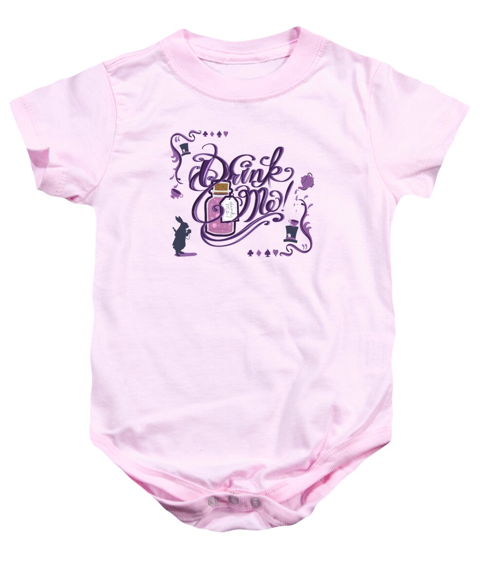 Cheshire Cat Baby Onesie featuring the painting Alice In Wonderland Drink Me by Little Bunny Sunshine