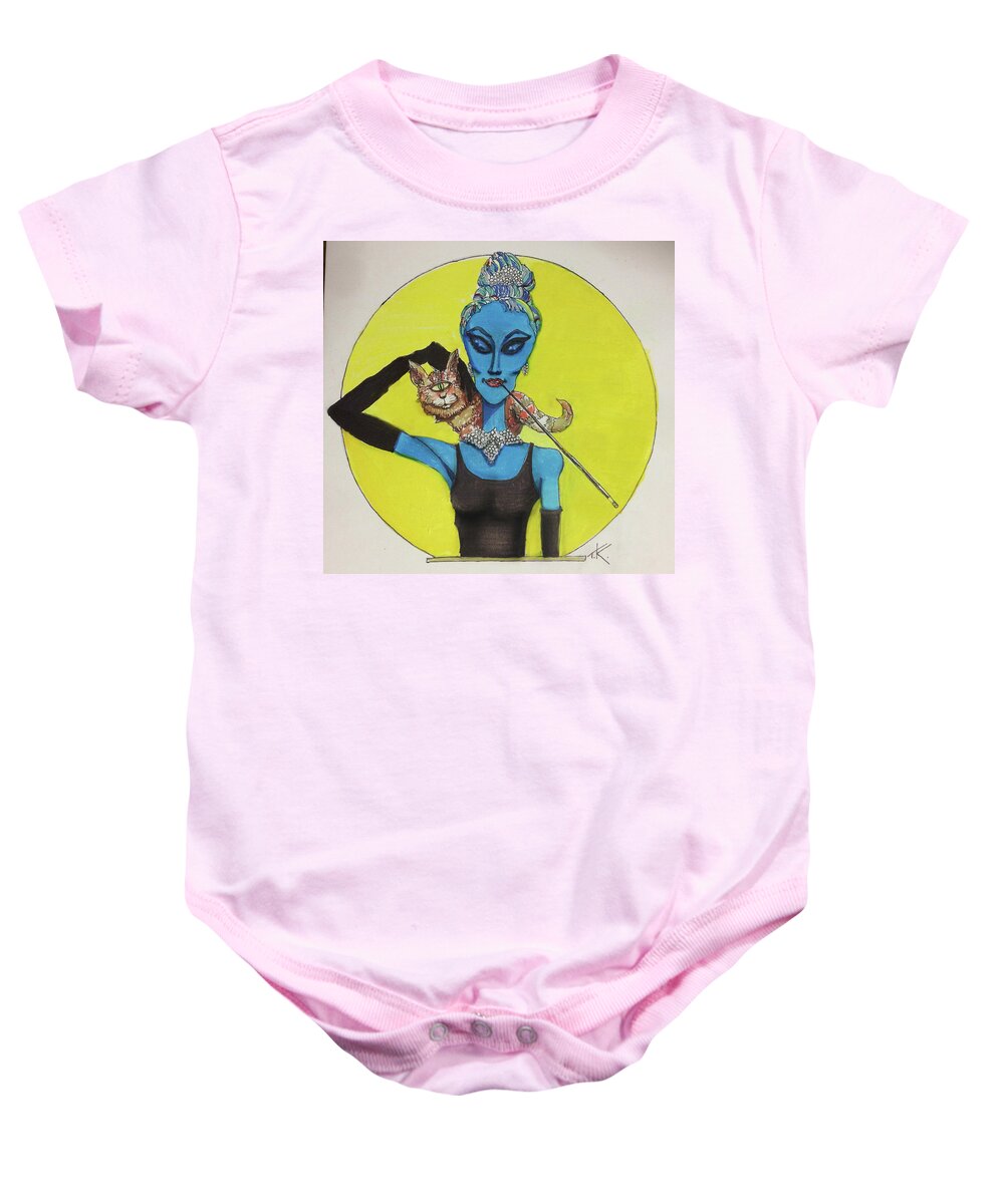 Breakfast At Tiffany's Baby Onesie featuring the painting Alien at Tiffany's by Similar Alien