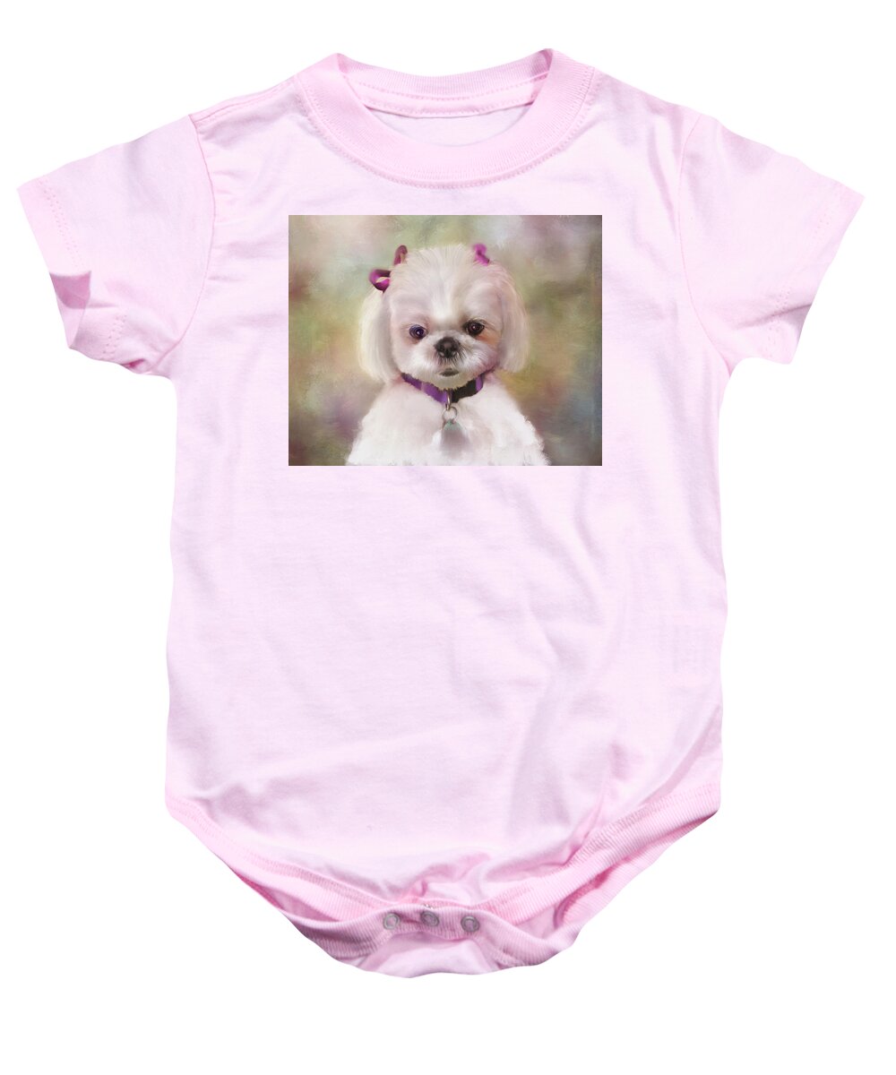 White Dogs Baby Onesie featuring the mixed media An Angel of Fluff by Colleen Taylor