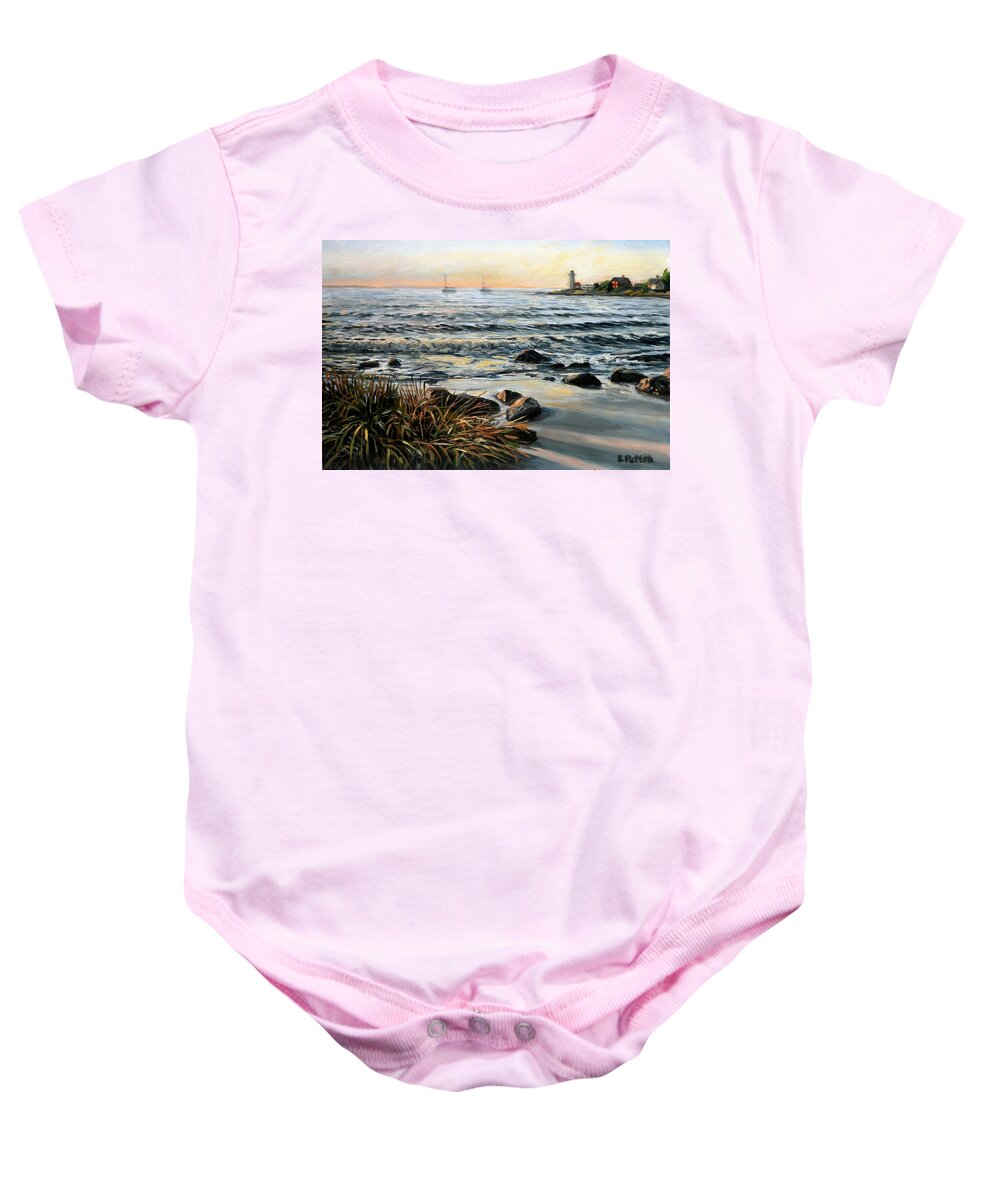 Annisquam Baby Onesie featuring the painting Annisquam Beach and Lighthouse by Eileen Patten Oliver