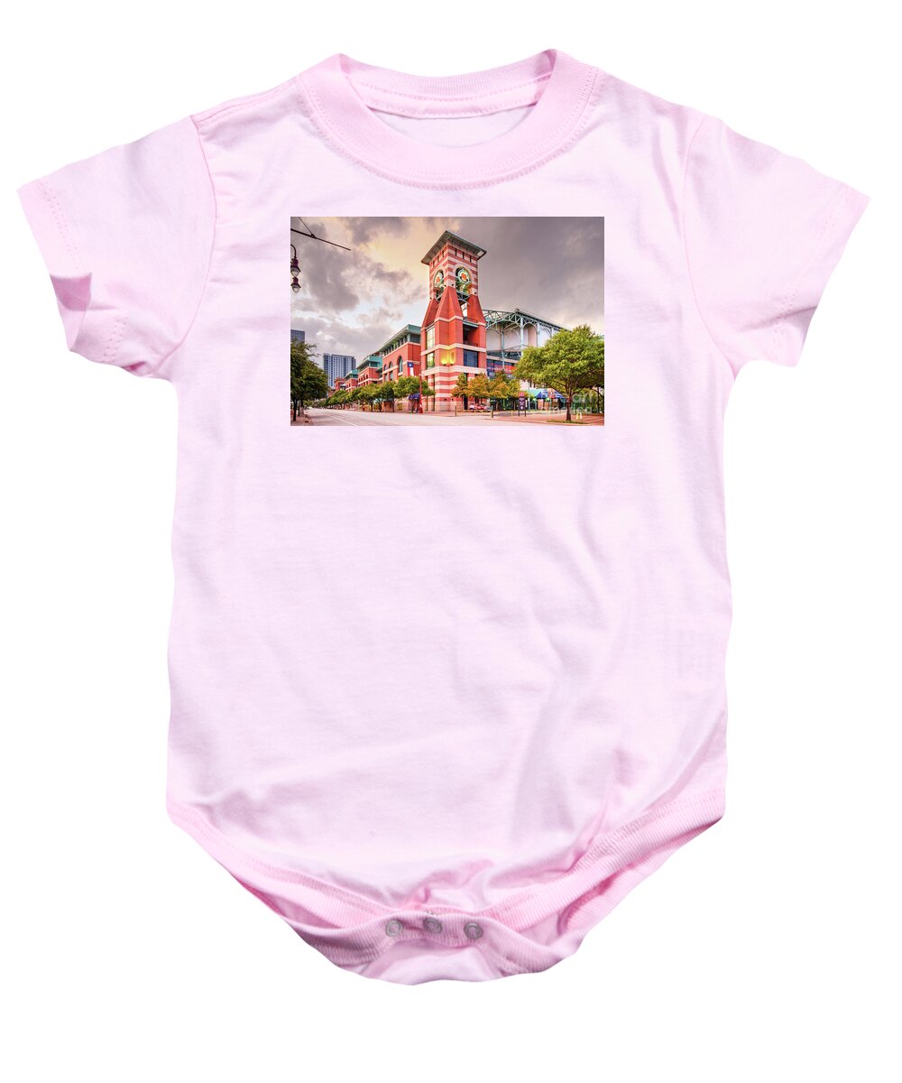 Downtown Baby Onesie featuring the photograph Architectural Photograph of Minute Maid Park Home of the Astros - Downtown Houston Texas by Silvio Ligutti