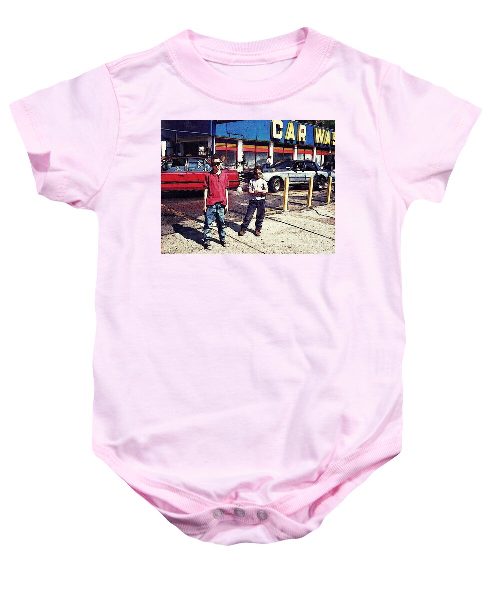 Boy Baby Onesie featuring the photograph Attitude at the Car Wash by Sarah Loft