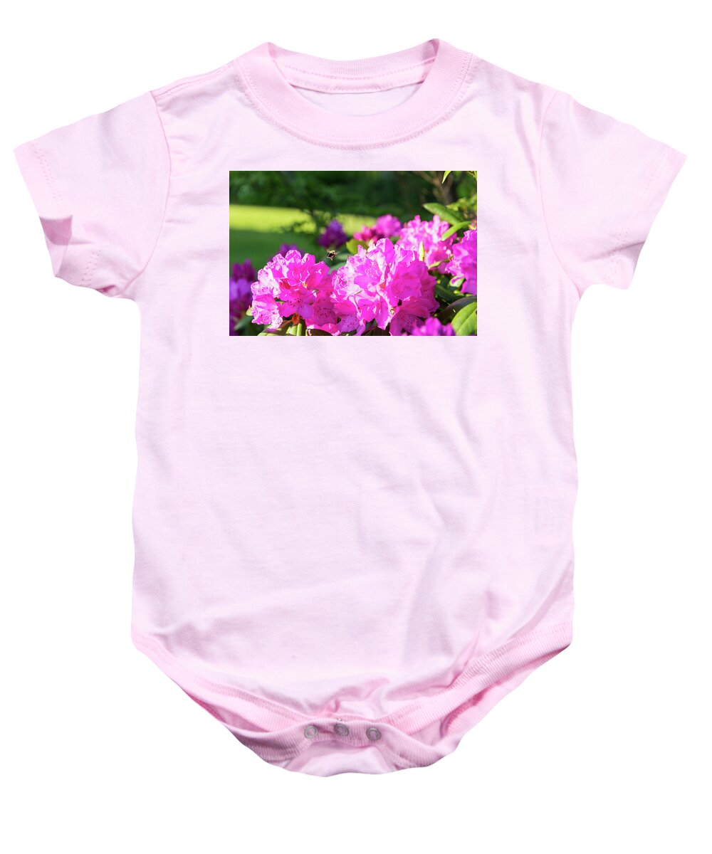 Bee Baby Onesie featuring the photograph Bee Flying Over Catawba Rhododendron by D K Wall