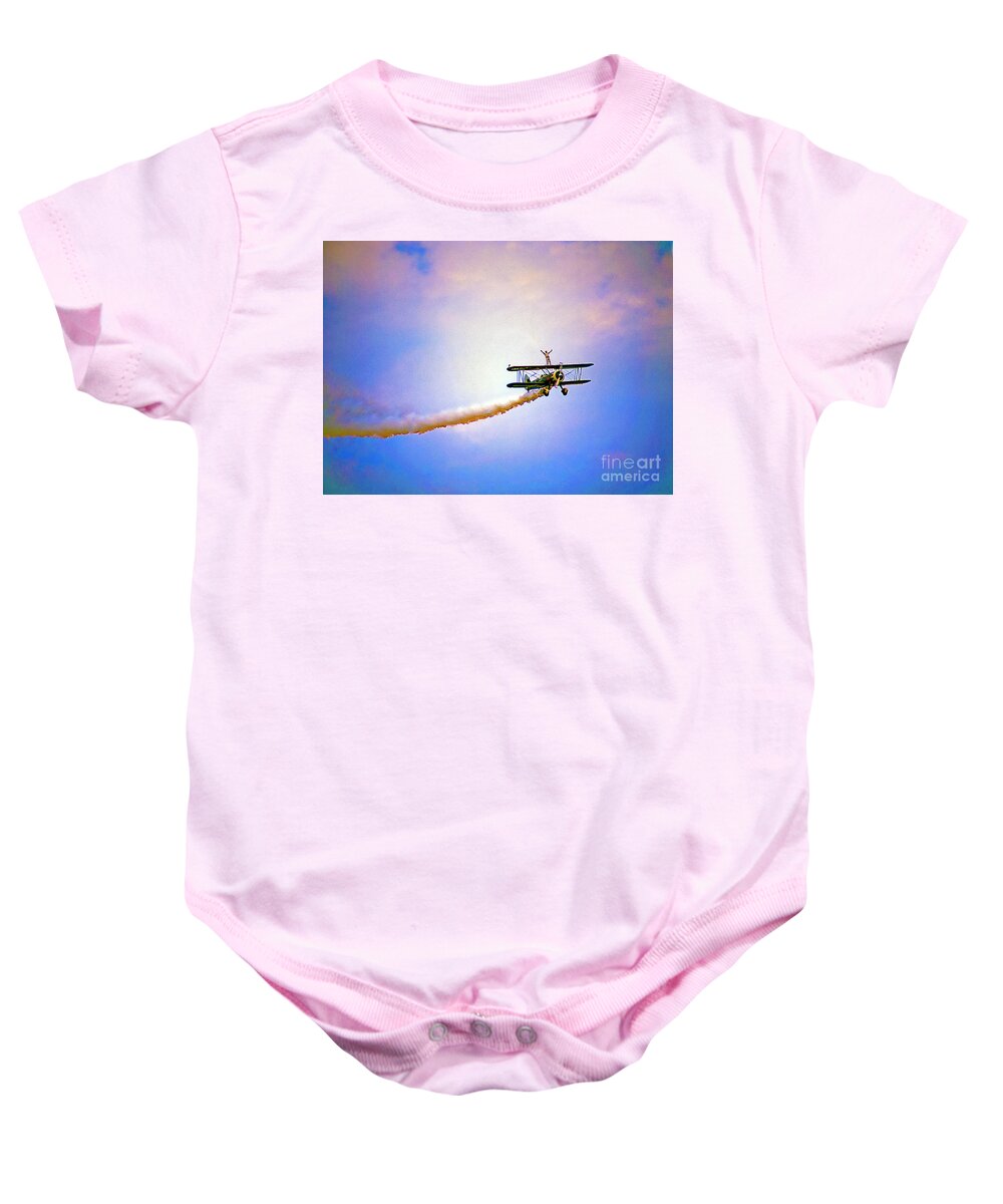 Bi-plane Baby Onesie featuring the photograph Bi-Plane and Wing Walker by Tom Jelen