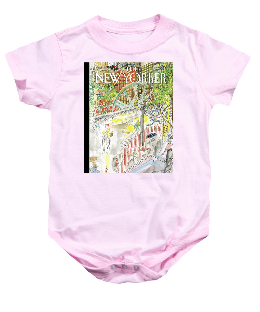 Biking In The Rain Baby Onesie featuring the painting Biking in the Rain by Jean-Jacques Sempe
