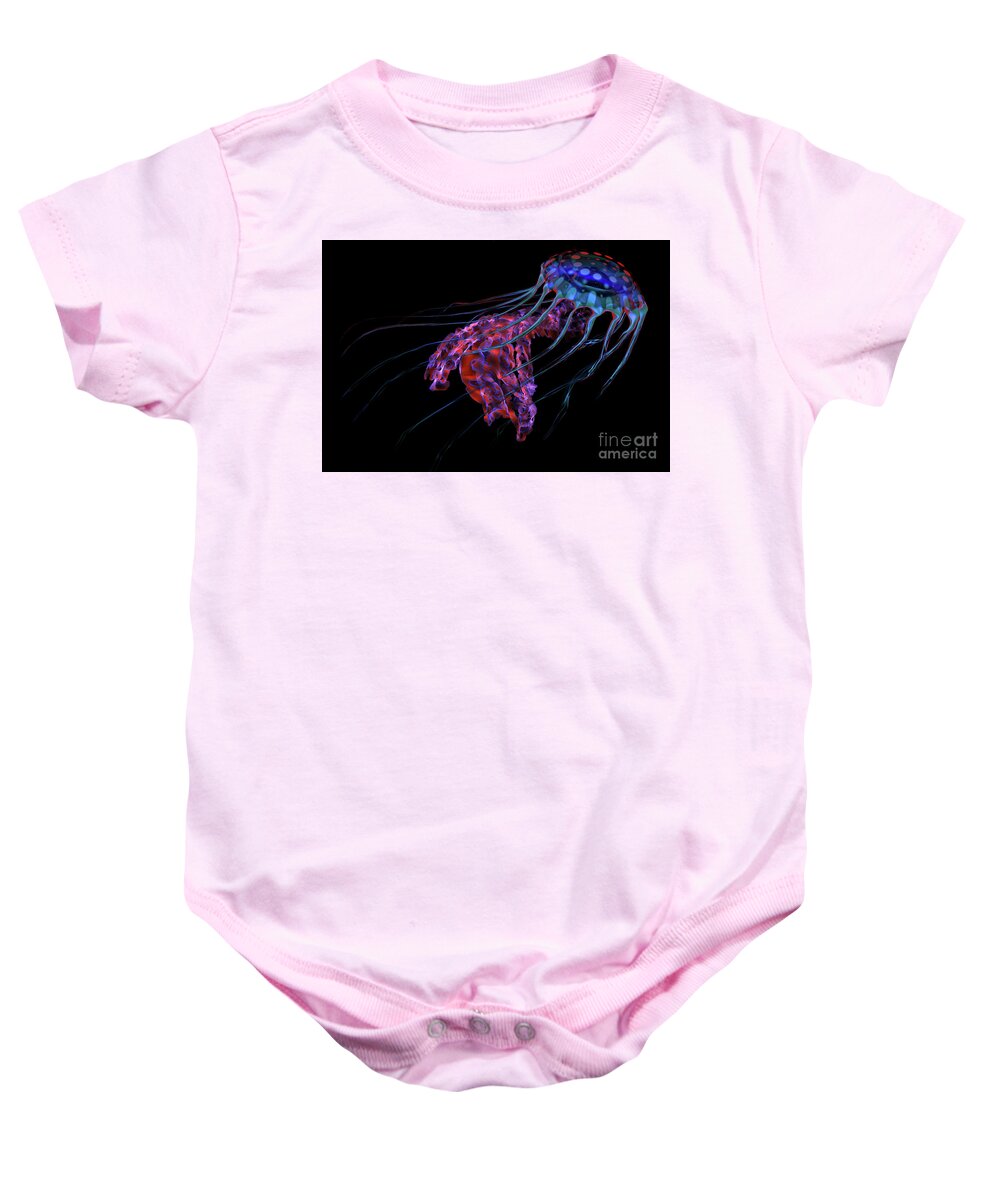 Jellyfish Baby Onesie featuring the digital art Blue Red Jellyfish on Black by Corey Ford