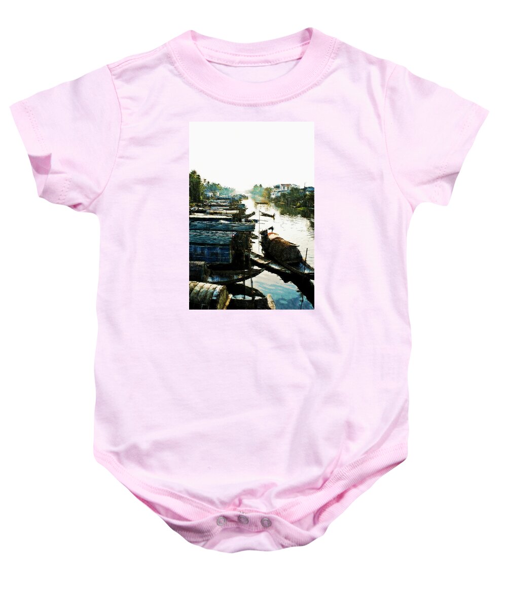 Asia Baby Onesie featuring the digital art Boathouses in Vietnam by Cameron Wood