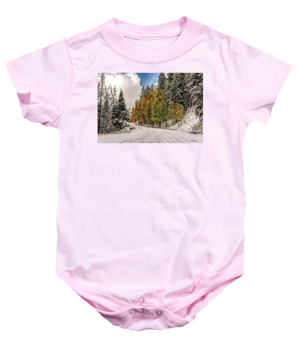 Boreas Pass Road Baby Onesie featuring the photograph Boreas Pass Road Aspen and Snow by Stephen Johnson