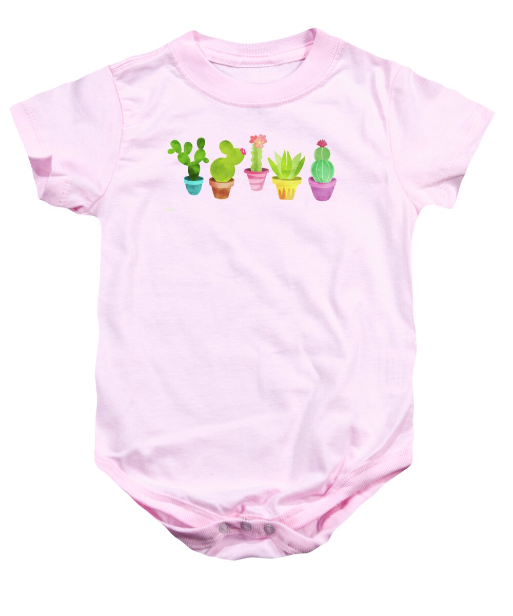 Cactus Baby Onesie featuring the painting Cactus Plants In Pretty Pots by Little Bunny Sunshine