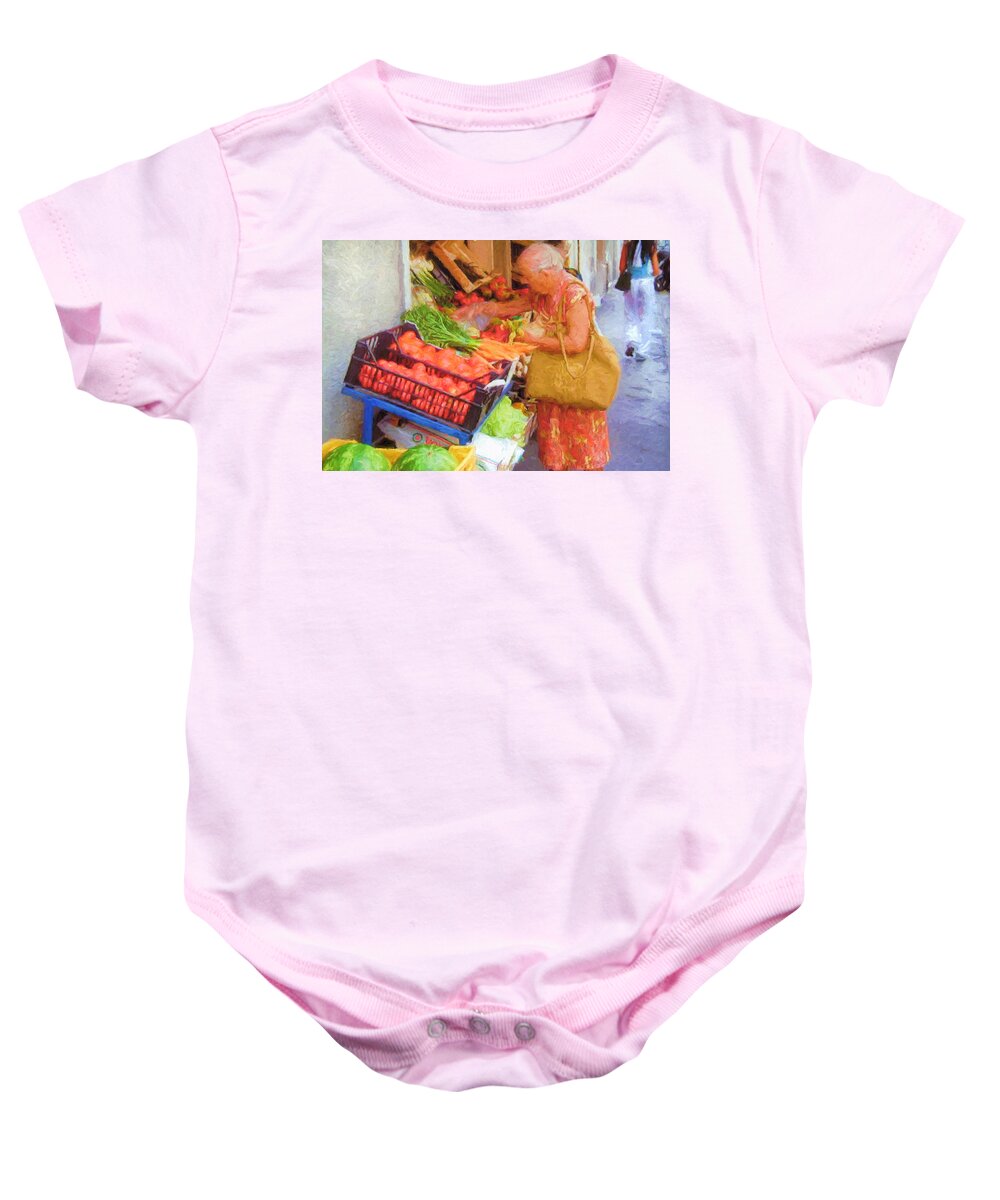 Caribbean Baby Onesie featuring the painting Caribbean Woman in Market by Mitchell R Grosky