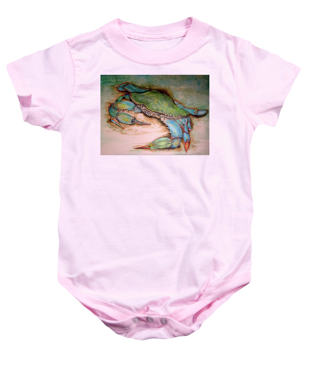 Crab Baby Onesie featuring the painting Carolina Blue Crab by Virginia Bond