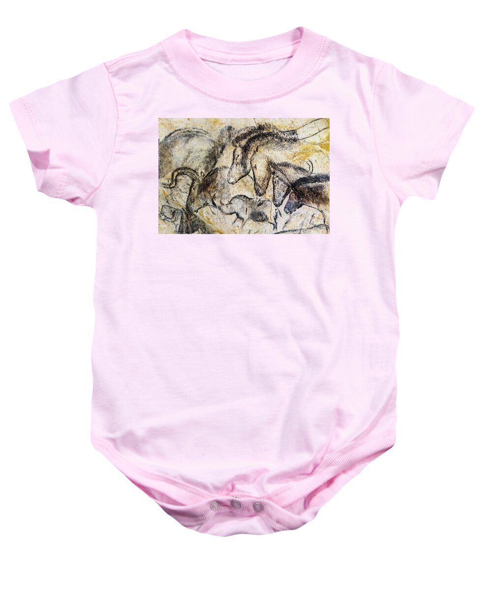 Chauvet Horse Baby Onesie featuring the photograph Chauvet Horses Aurochs and Rhinoceros by Weston Westmoreland