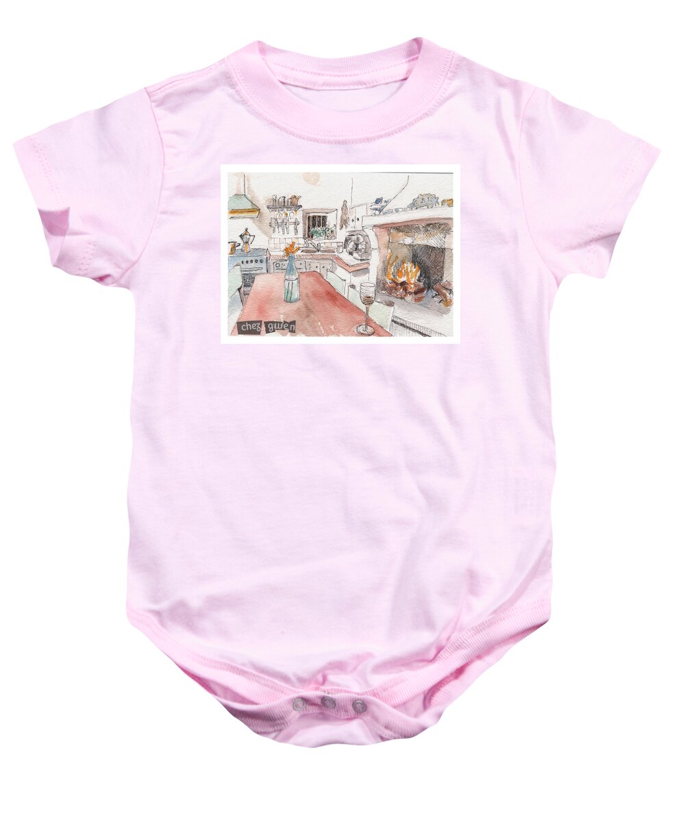 Kitchen Baby Onesie featuring the painting Chez Gwen by Tilly Strauss