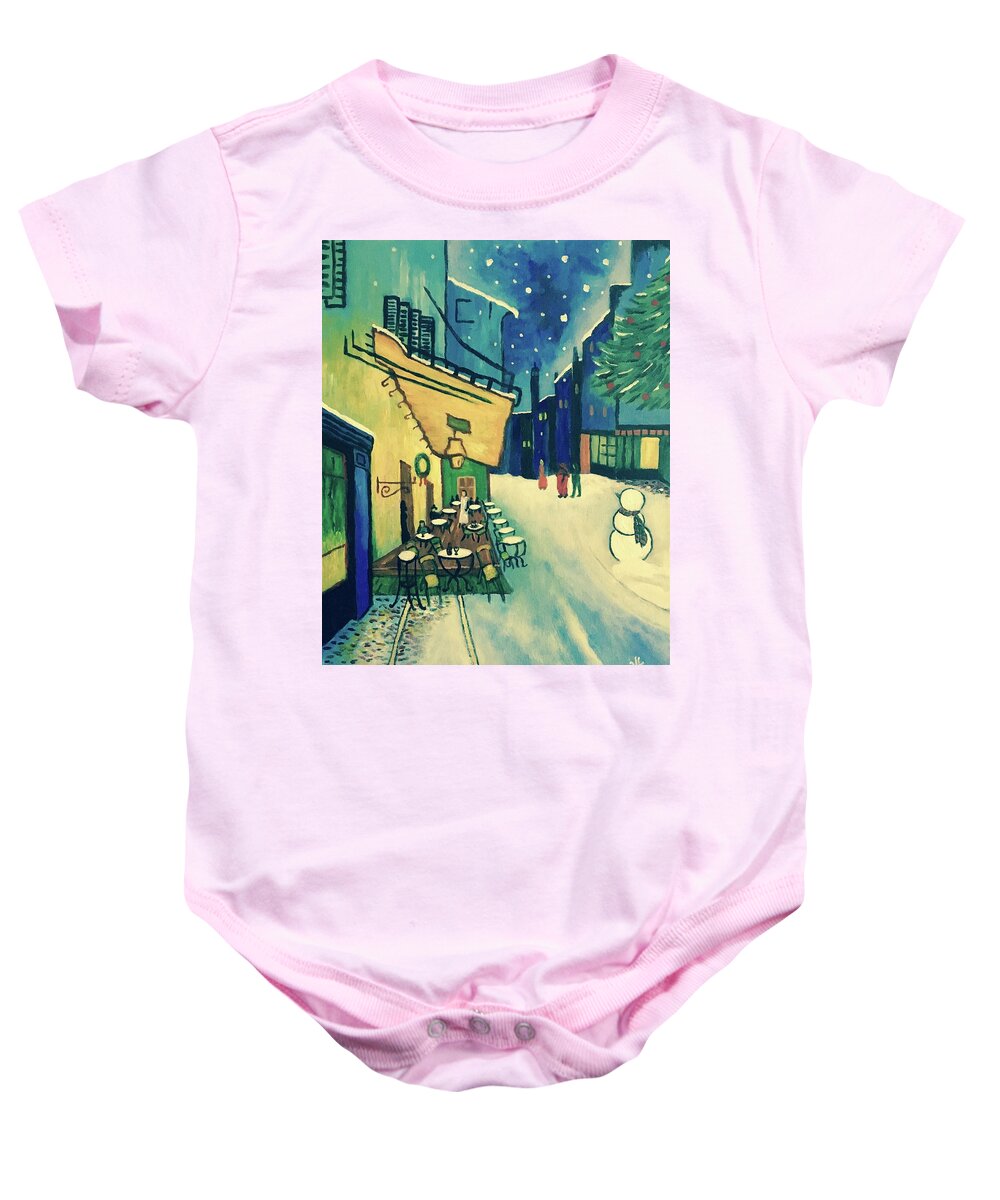 Cafe Baby Onesie featuring the painting Christmas Homage to VanGogh by Victoria Lakes
