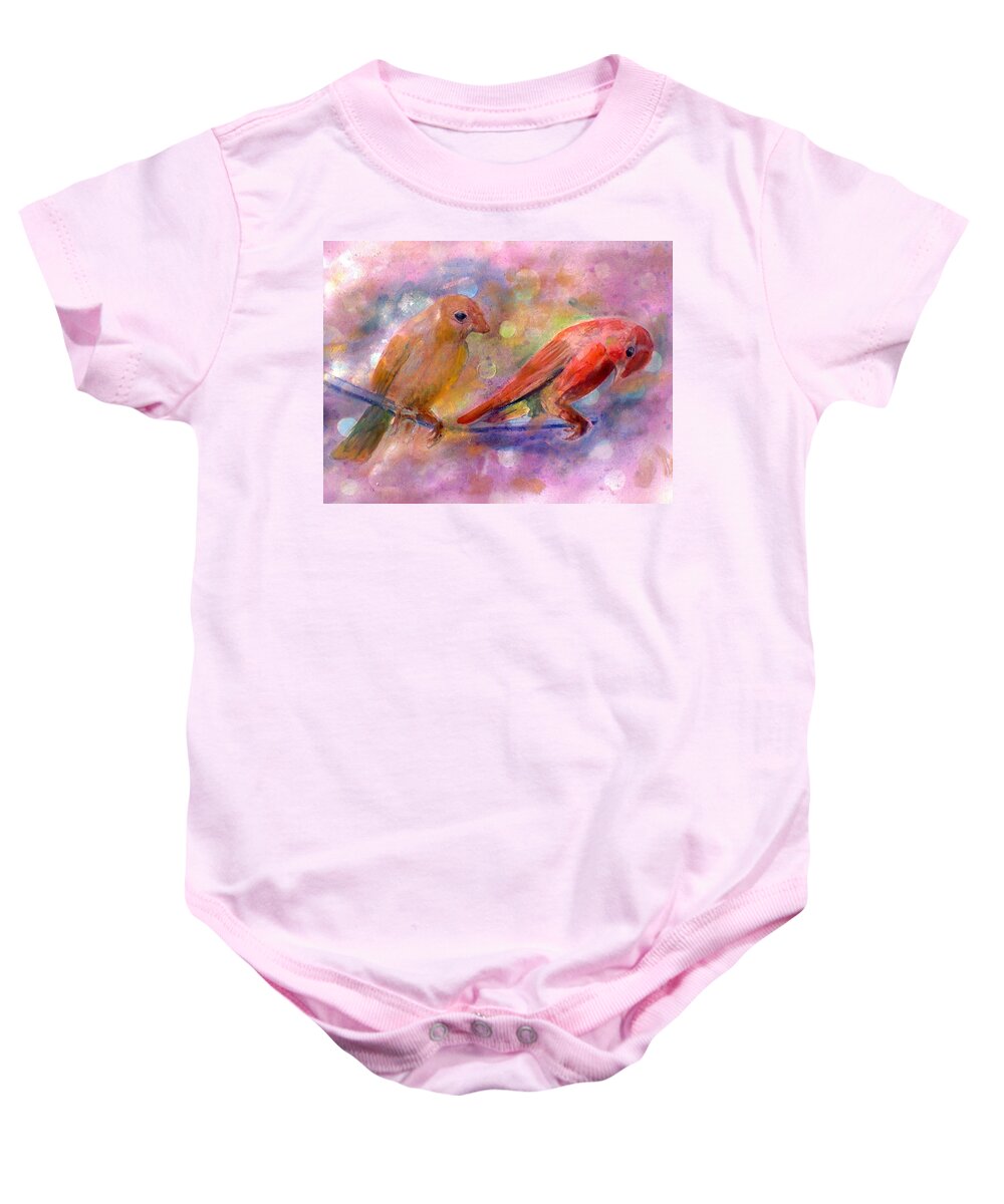 Birds Baby Onesie featuring the painting Colorful Day by Khalid Saeed