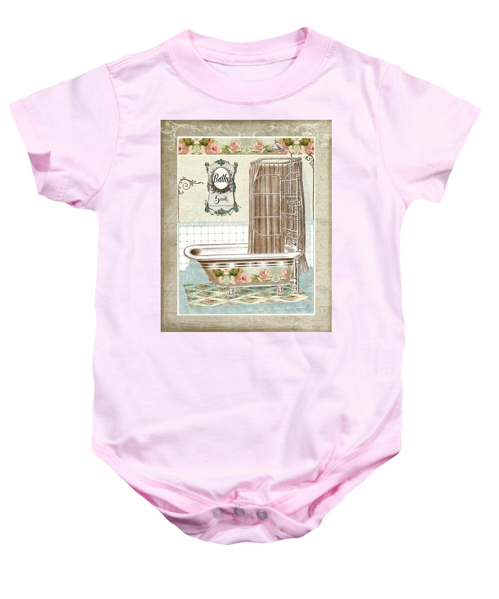 Vintage Baby Onesie featuring the painting Cottage Roses - Victorian Claw Foot Tub Bathroom Art by Audrey Jeanne Roberts