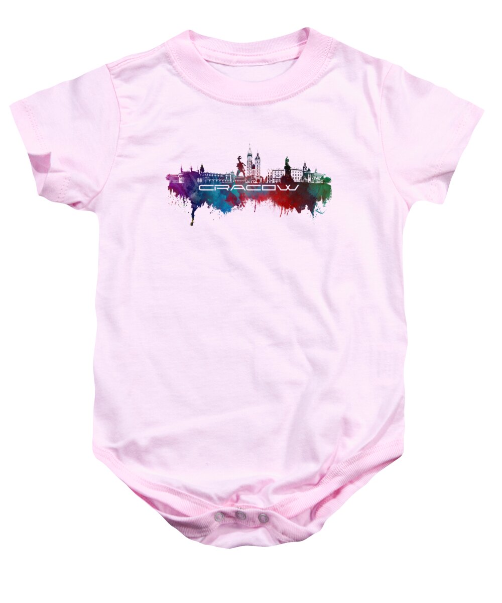 Cracow Baby Onesie featuring the digital art Cracow skyline city blue by Justyna Jaszke JBJart