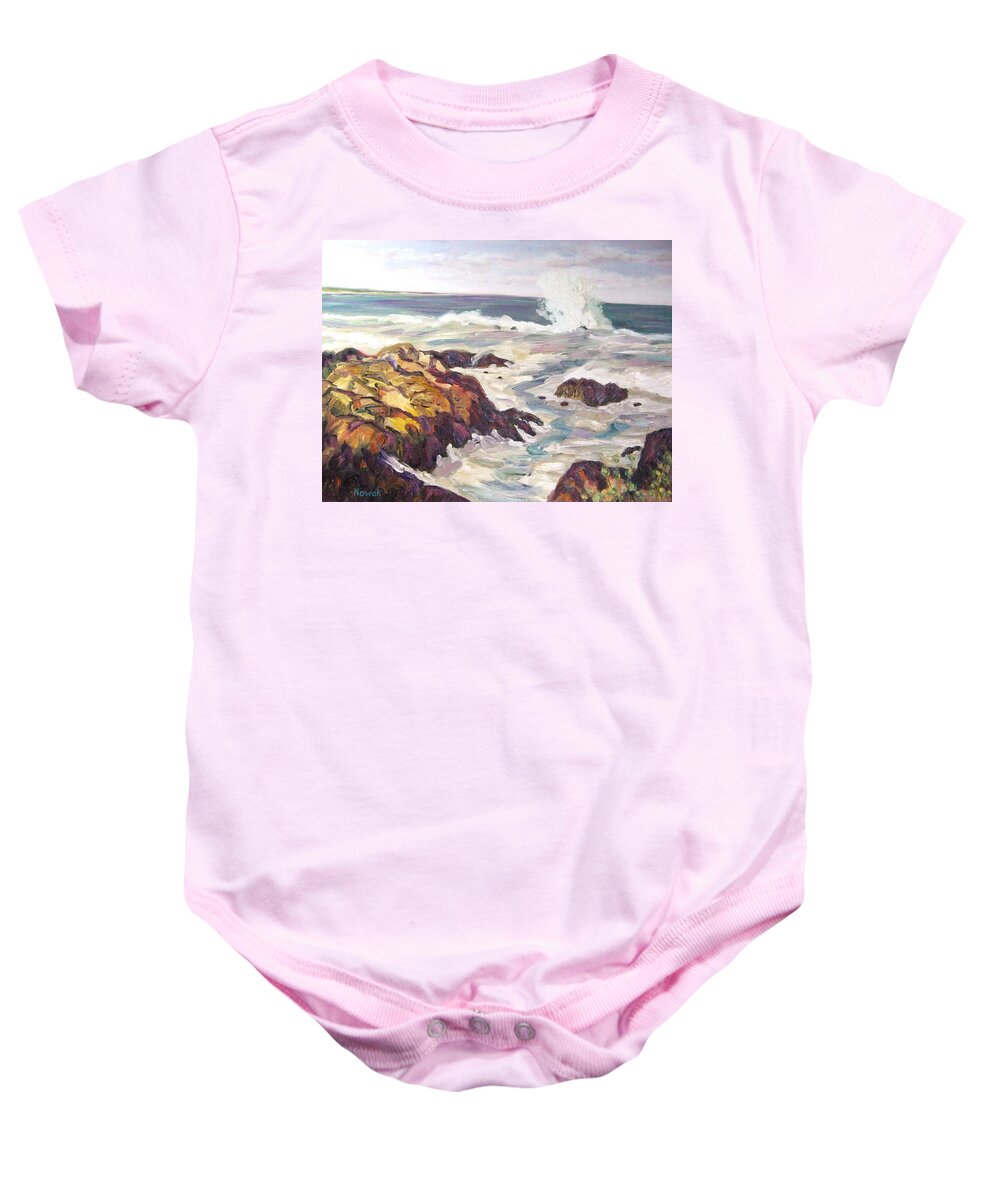 Water Baby Onesie featuring the painting Crashing Wave on Maine Coast by Richard Nowak