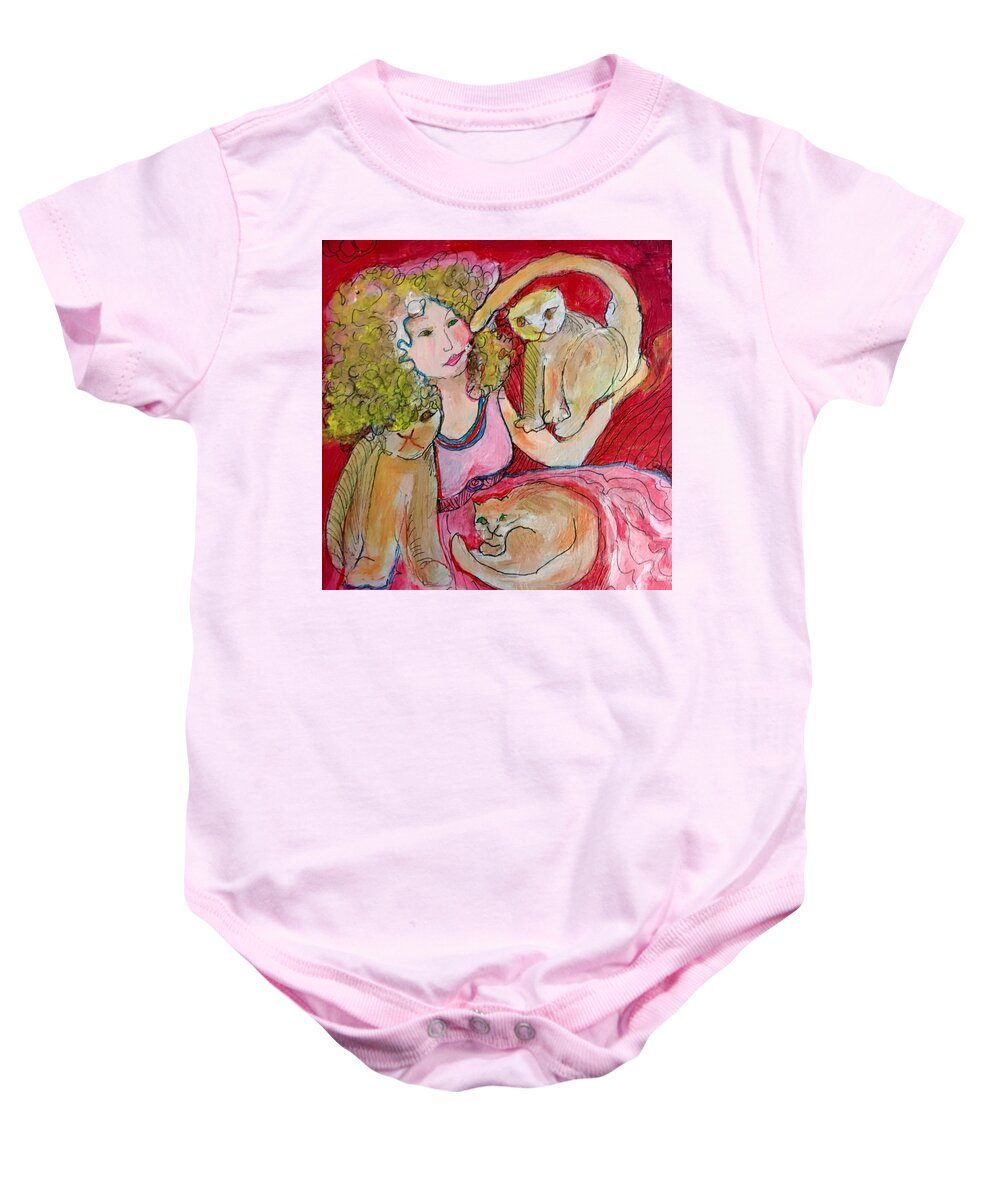 Cat Baby Onesie featuring the painting Crazy Cat Lady by Rosalinde Reece