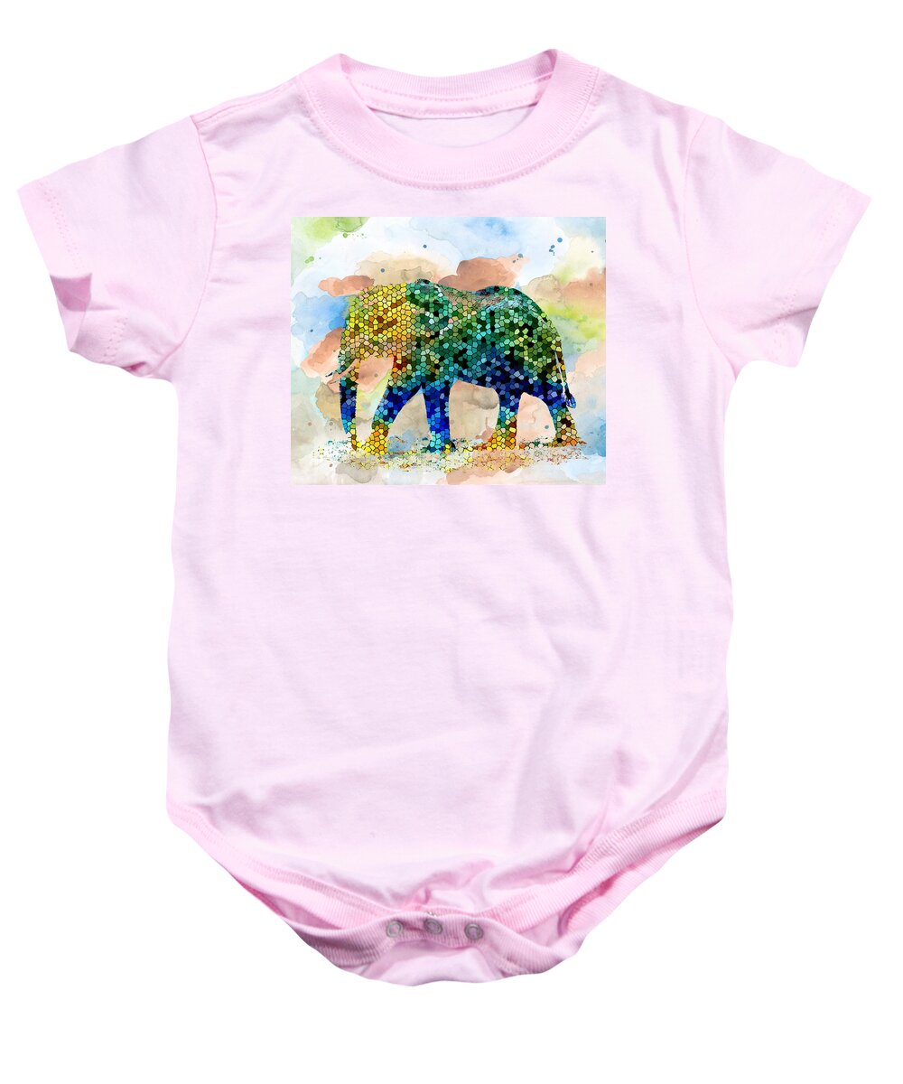 Mosaic Baby Onesie featuring the painting Design 37 Mosaic Elephant by Lucie Dumas