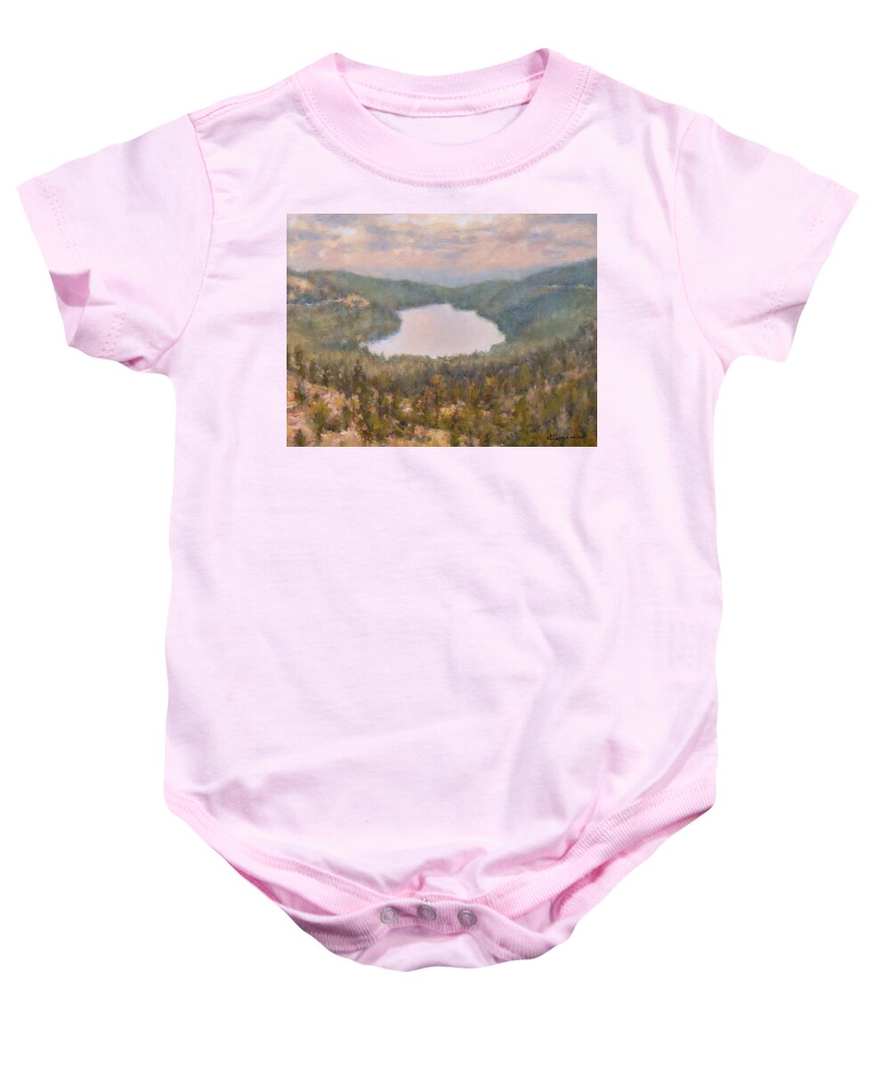 Donner Baby Onesie featuring the painting Donner Lake Before Storm by Kerima Swain