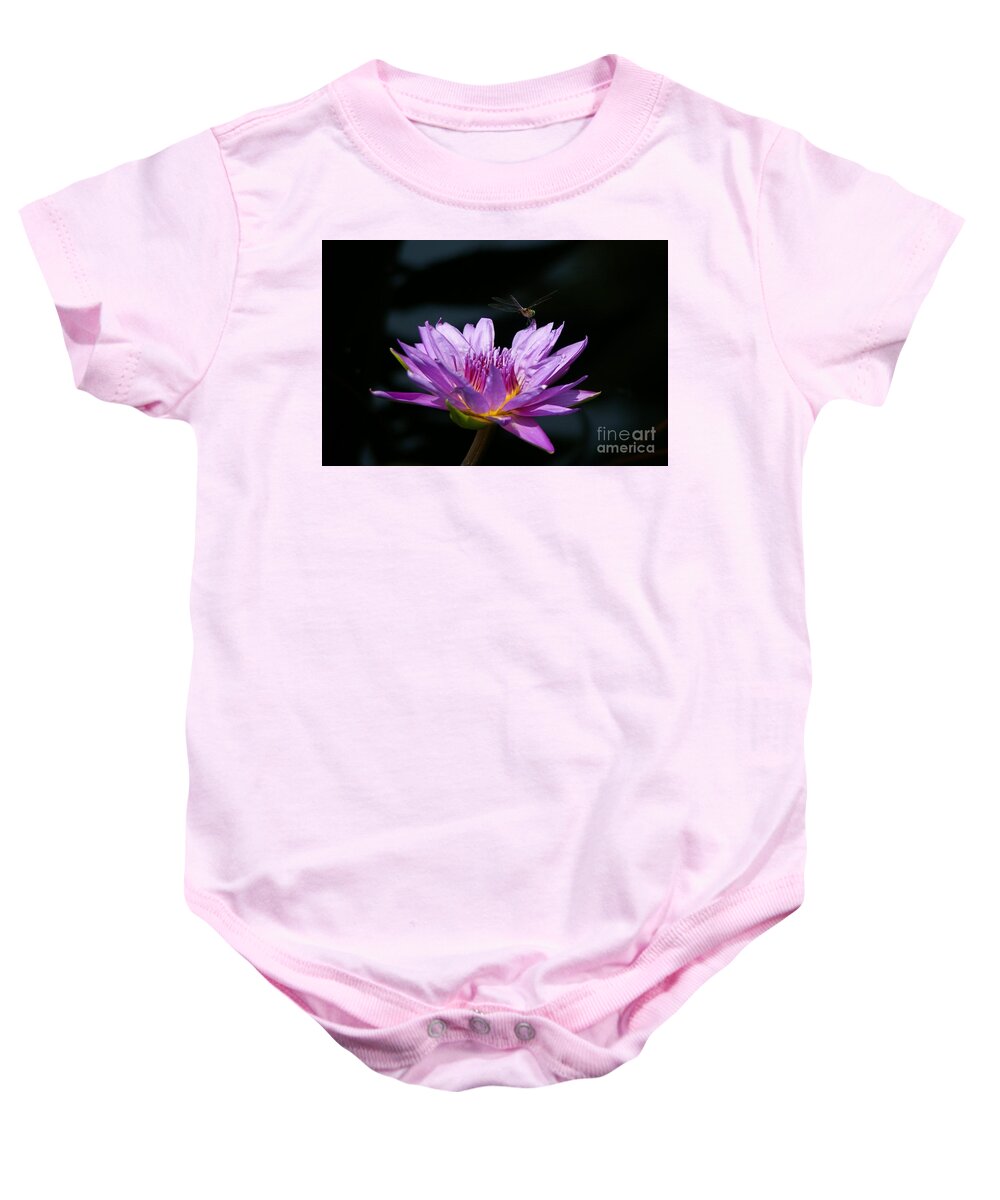 Dragonfly Baby Onesie featuring the photograph Dragonfly and Purple Lotus Waterlily by Jackie Irwin